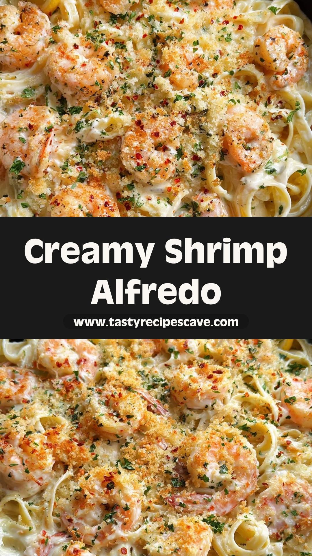 Shrimp Alfredo with Garlic Parmesan Asiago Sauce and Toasted Panko — pin 1