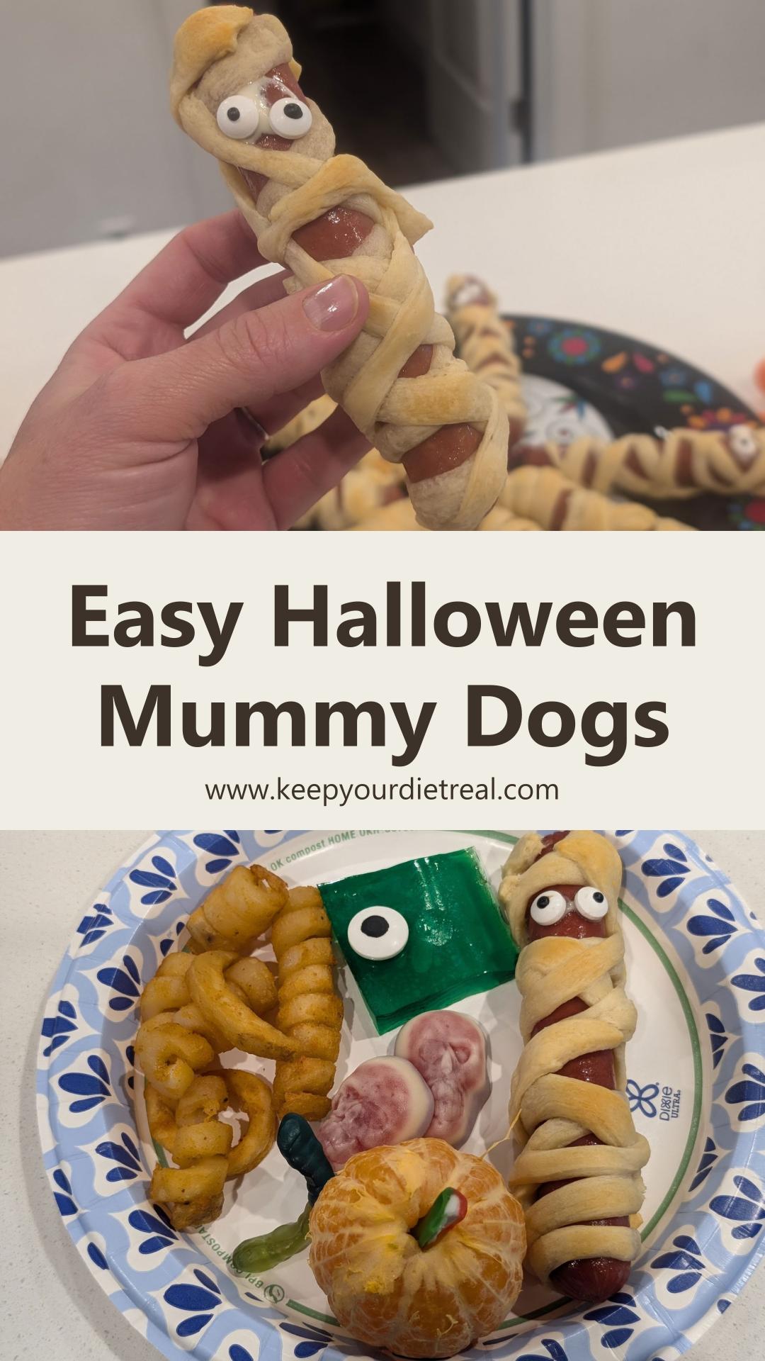 Halloween Mummy Dogs with Crescent Roll Wraps and Candy Eyes — pin 1