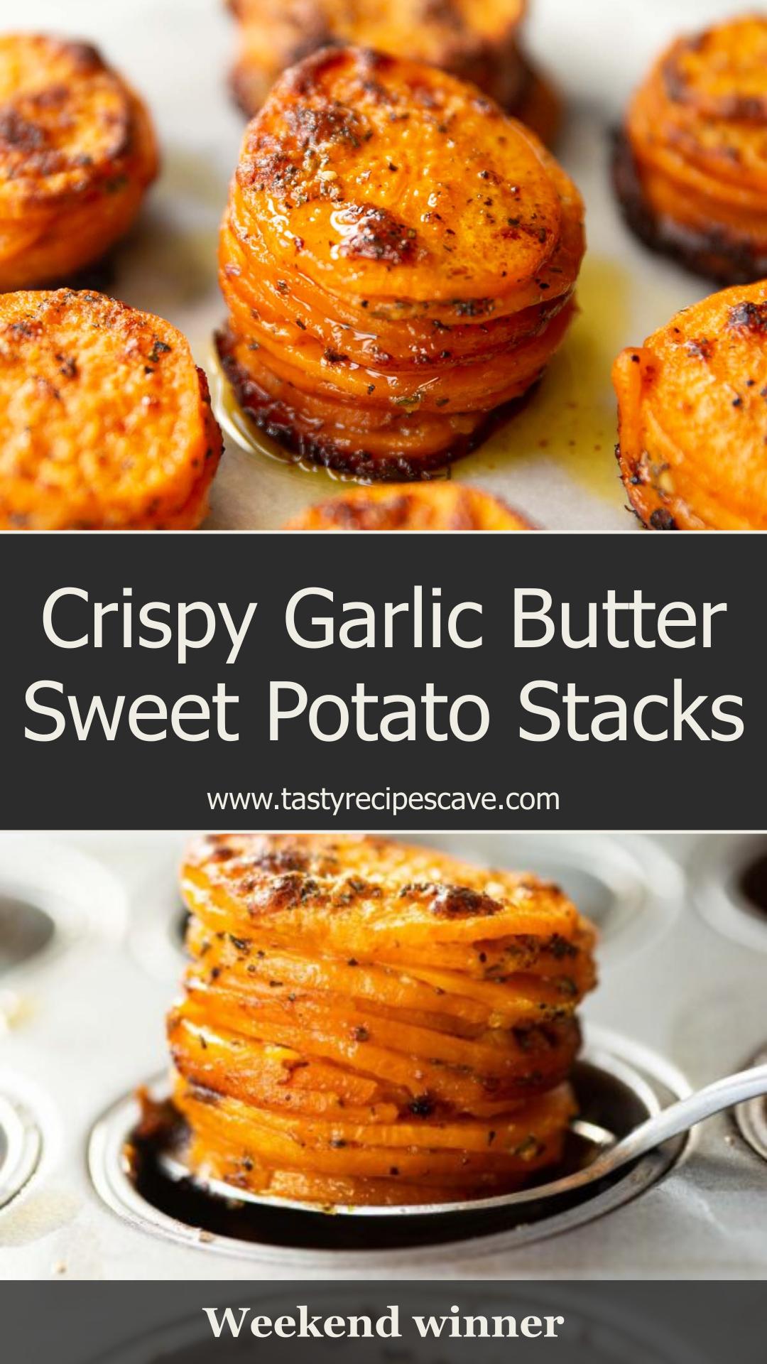 Garlic Butter Sweet Potato Stacks with Parmesan and Rosemary — pin 1