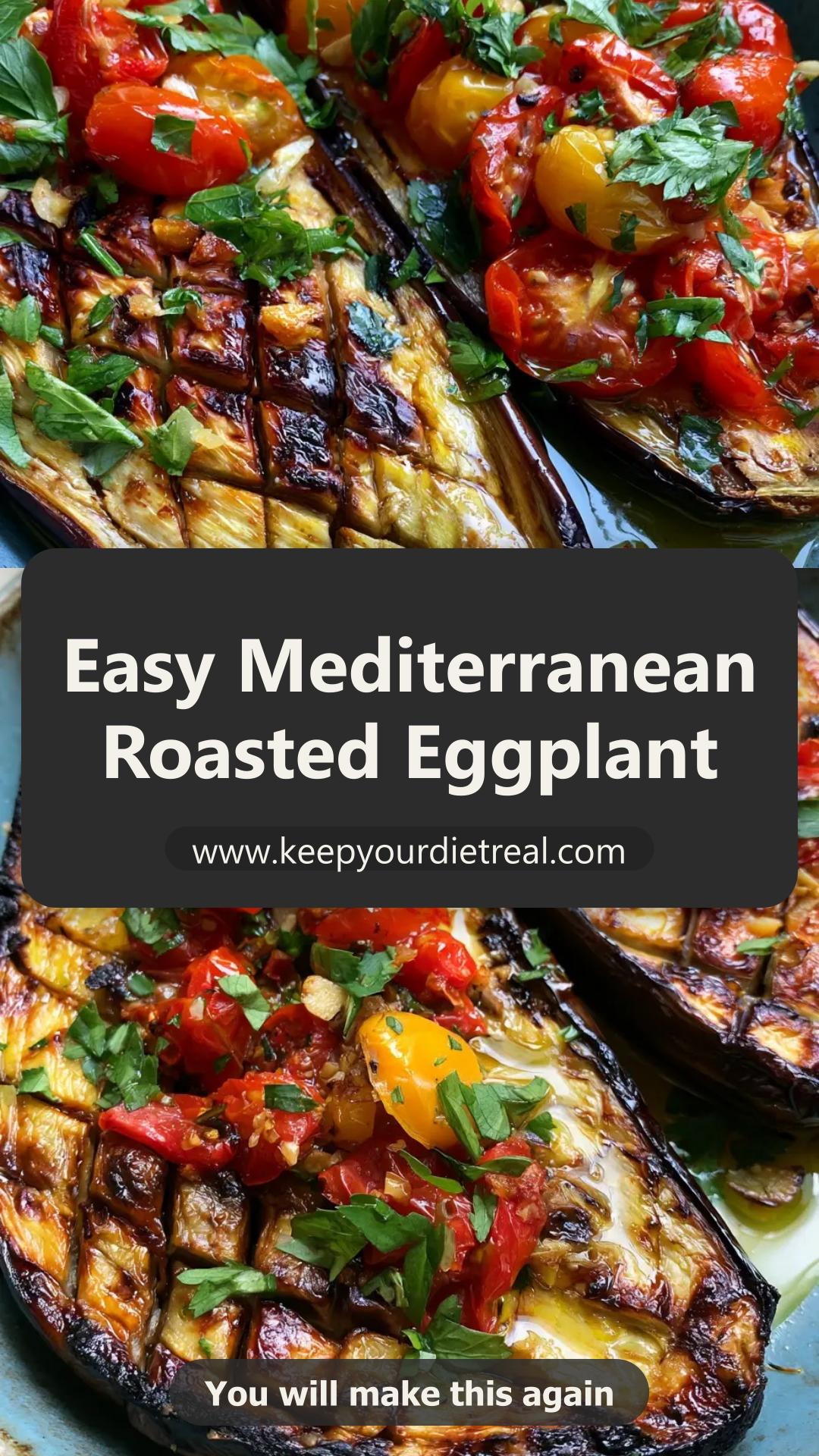 Mediterranean Roasted Eggplant with Blistered Tomatoes and Roasted Garlic — pin 1