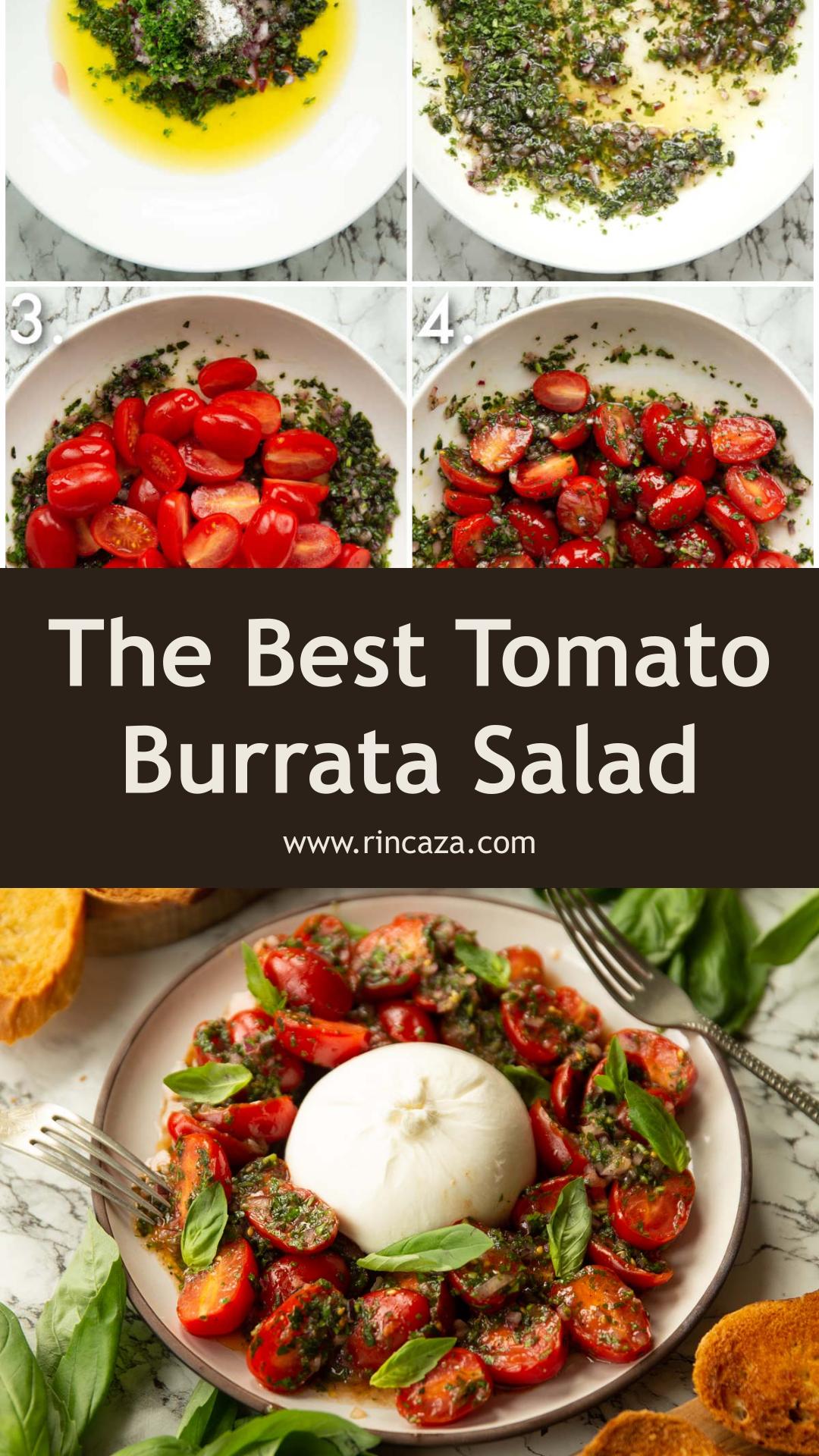 Tomato Burrata Salad With Marinated Tomatoes and Crisp Garlic Toast — pin 2