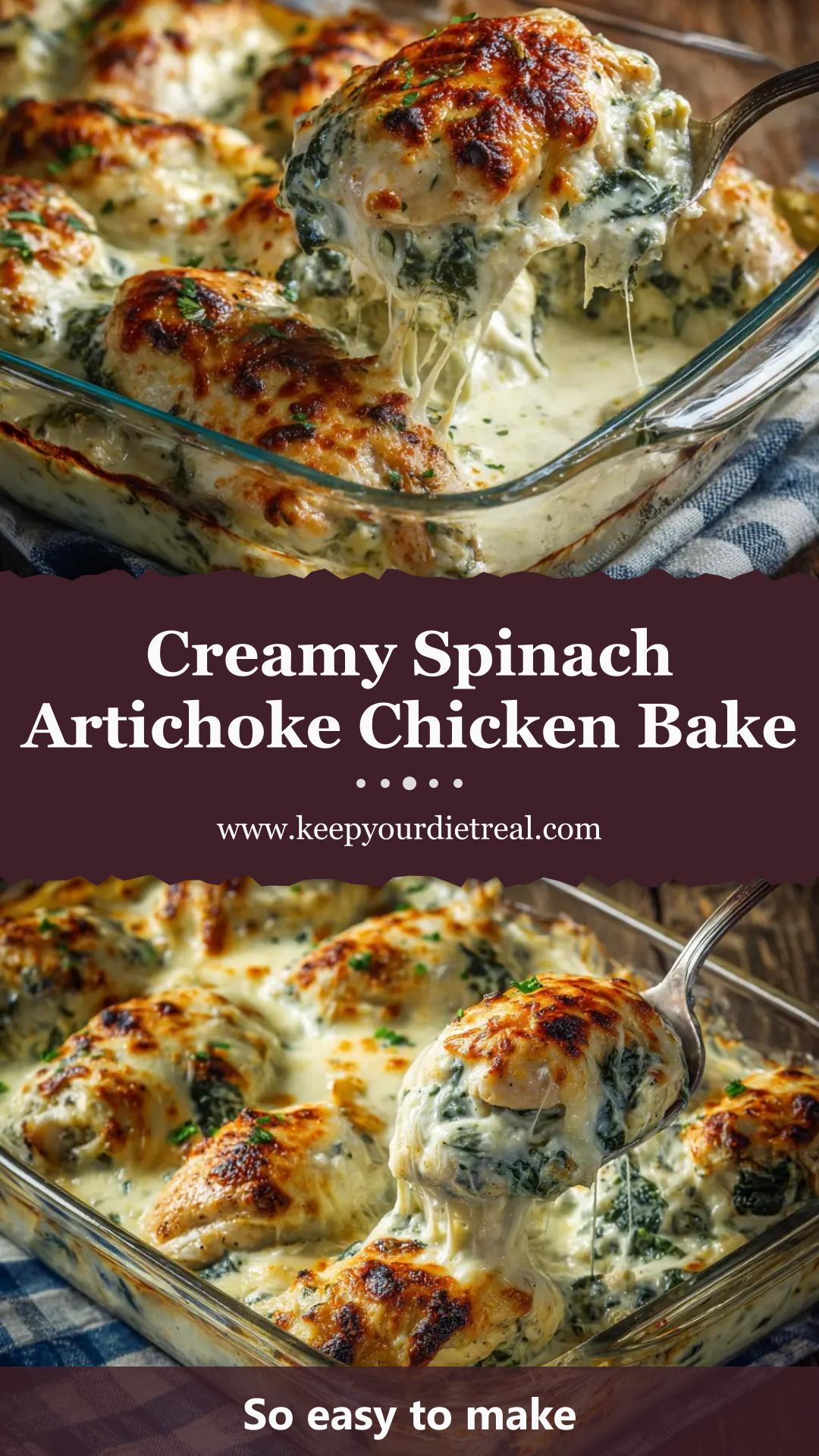 Spinach Artichoke Chicken Bake with Cream Cheese and Mozzarella — pin 1