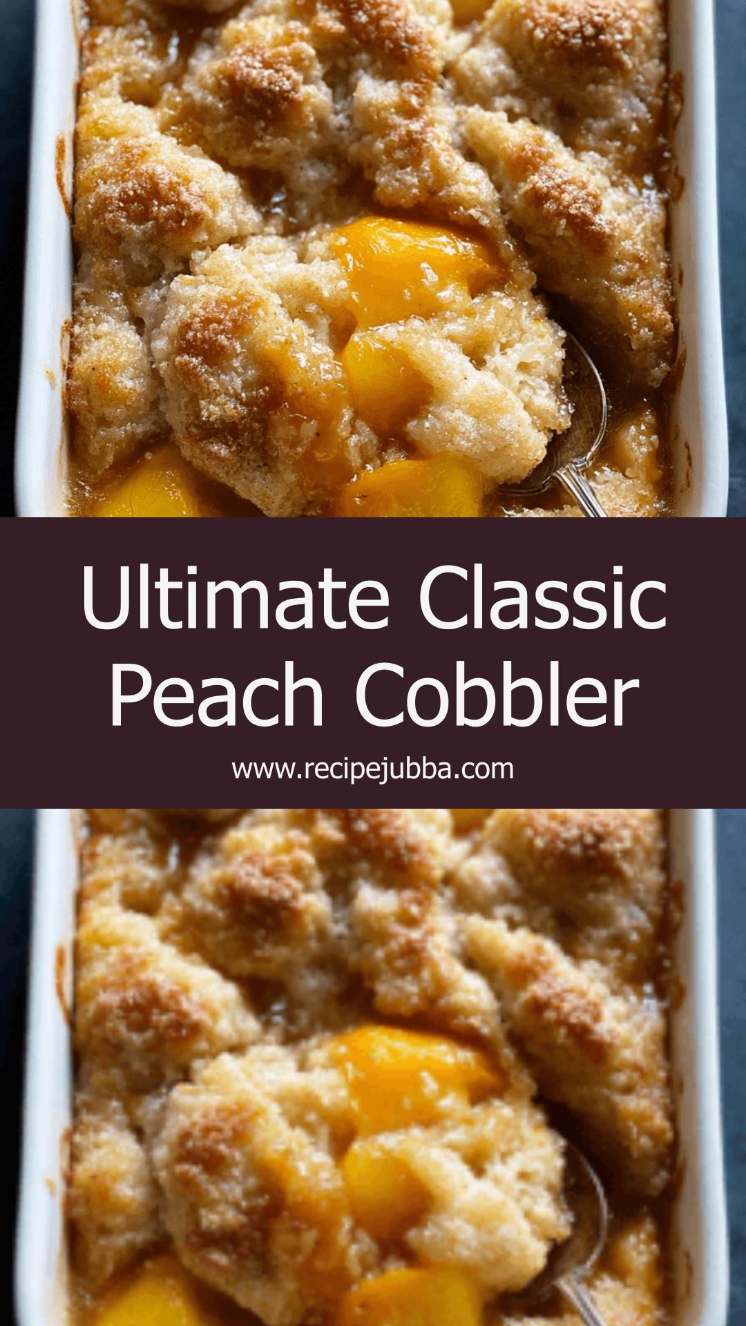 Classic Peach Cobbler: A Comforting Dessert with Buttery Crust and Sweet Peaches — pin 1