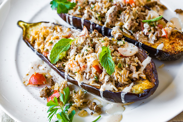 Stuffed Eggplant with Warm-Spiced Beef and Garlic Tahini Sauce