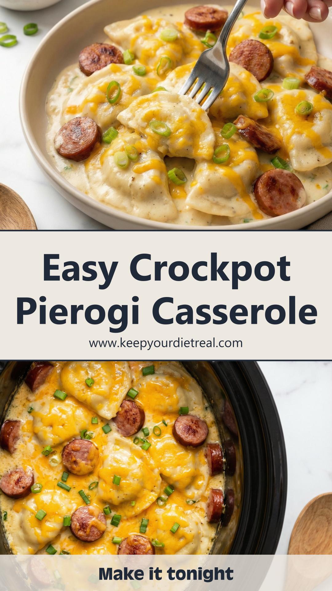 Crockpot Pierogi Casserole with Kielbasa and Creamy Cheddar — pin 3