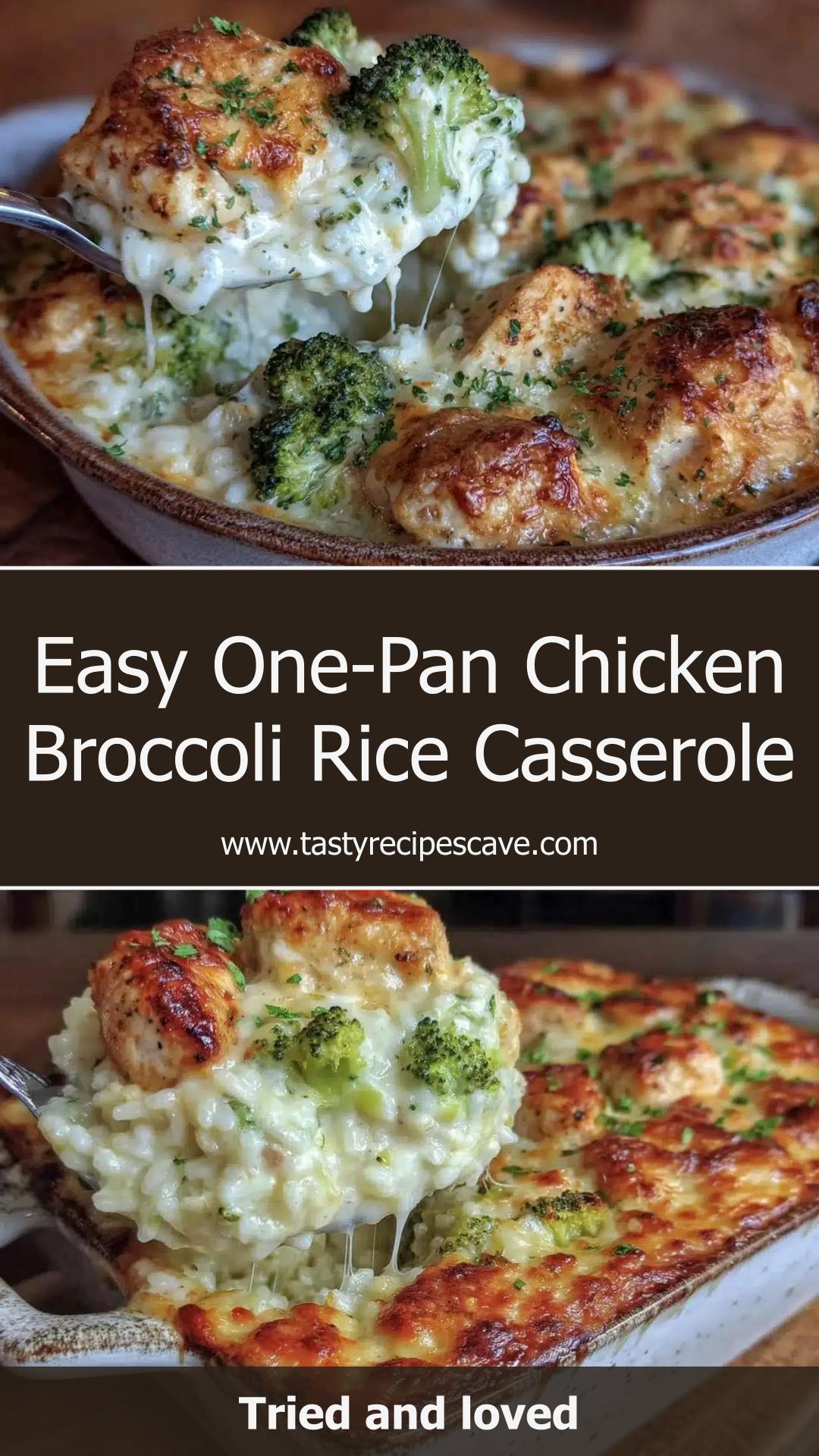 One-Pan Chicken Broccoli Rice Casserole with Cheddar and Fluffy Rice — pin 1