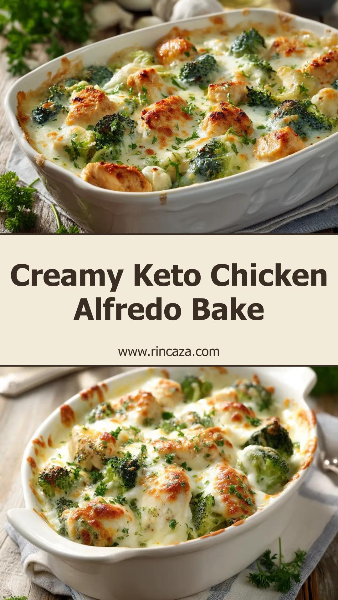 Keto Chicken Alfredo Broccoli Bake with Homemade Alfredo Sauce — pin 1