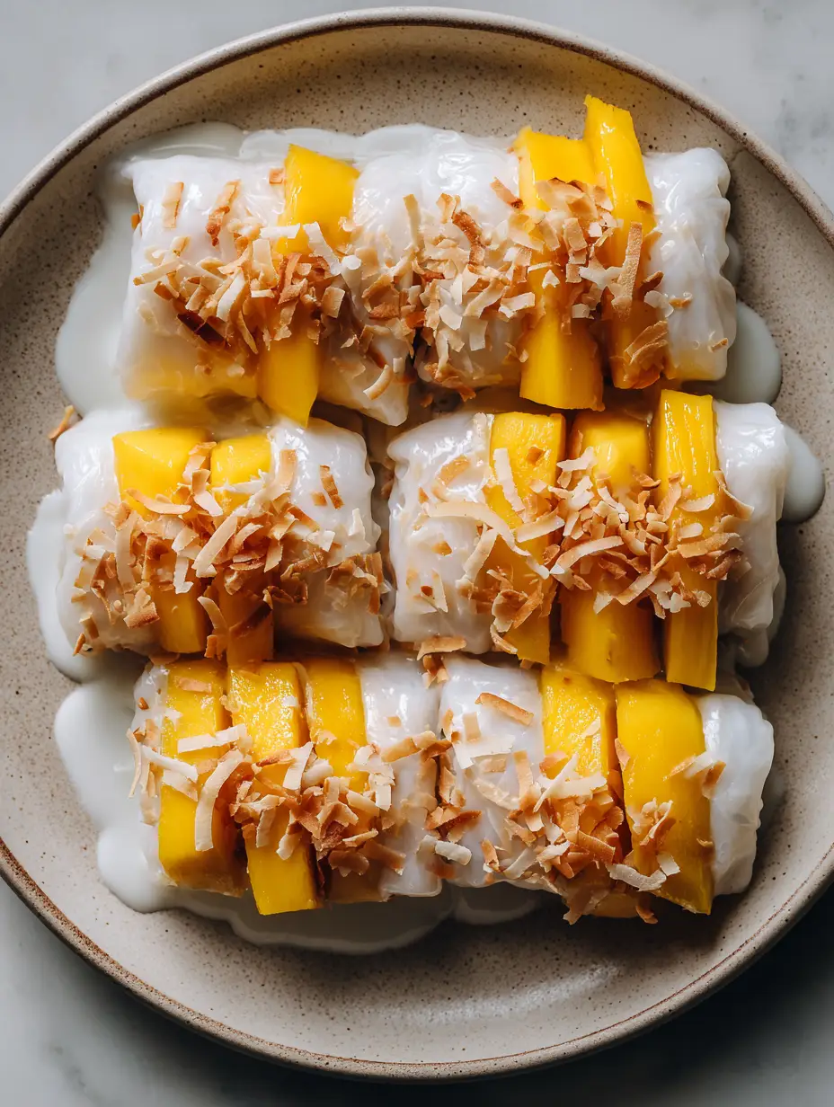 Mango Sticky Rice Rolls with Toasted Coconut and Coconut Drizzle