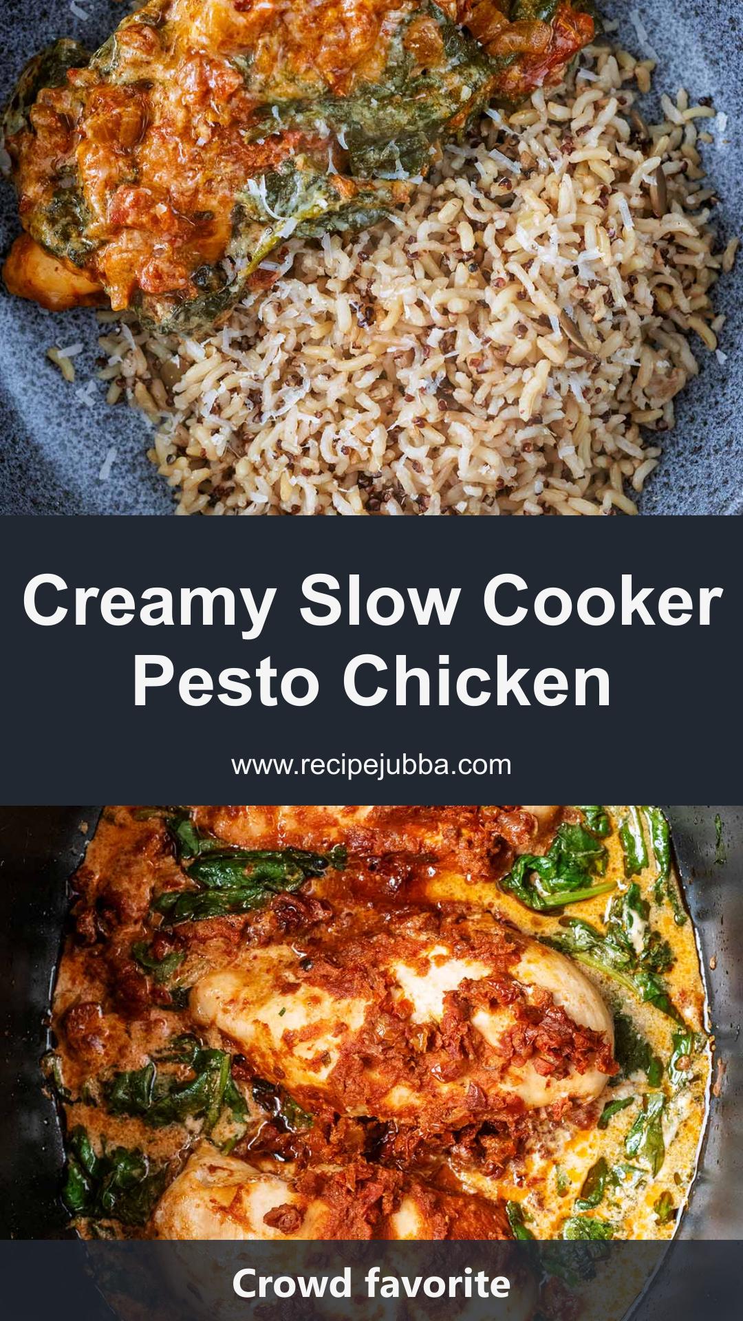 Slow Cooker Pesto Chicken with Sun-Dried Tomatoes and Creamy Parmesan — pin 1