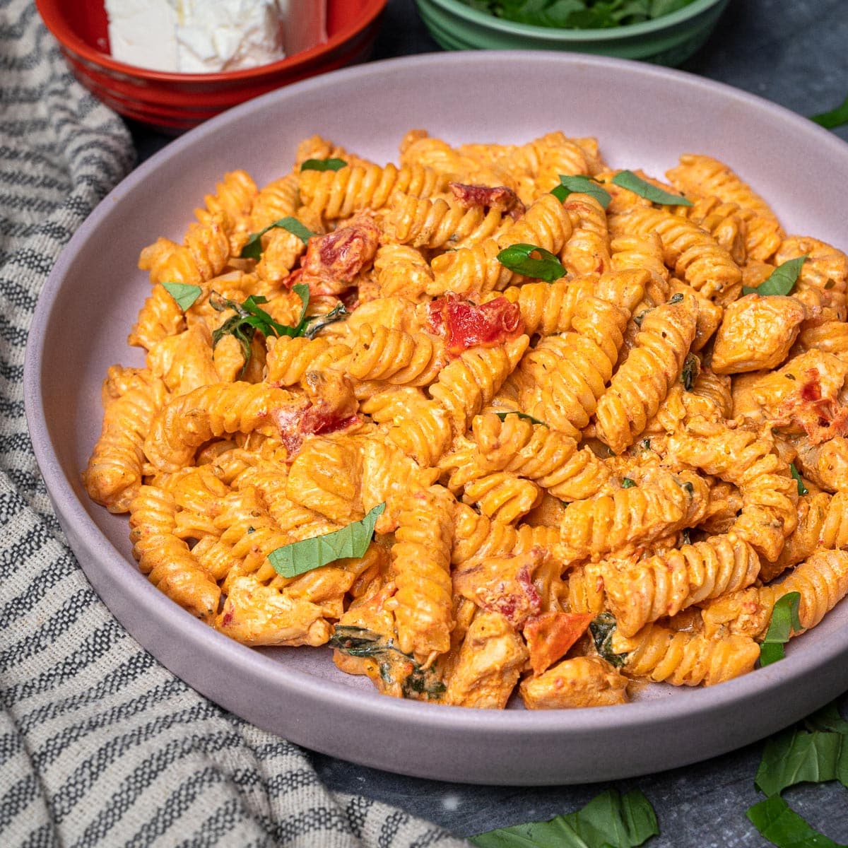 Creamy Chicken Feta Pasta with Tomato Cream Cheese Sauce