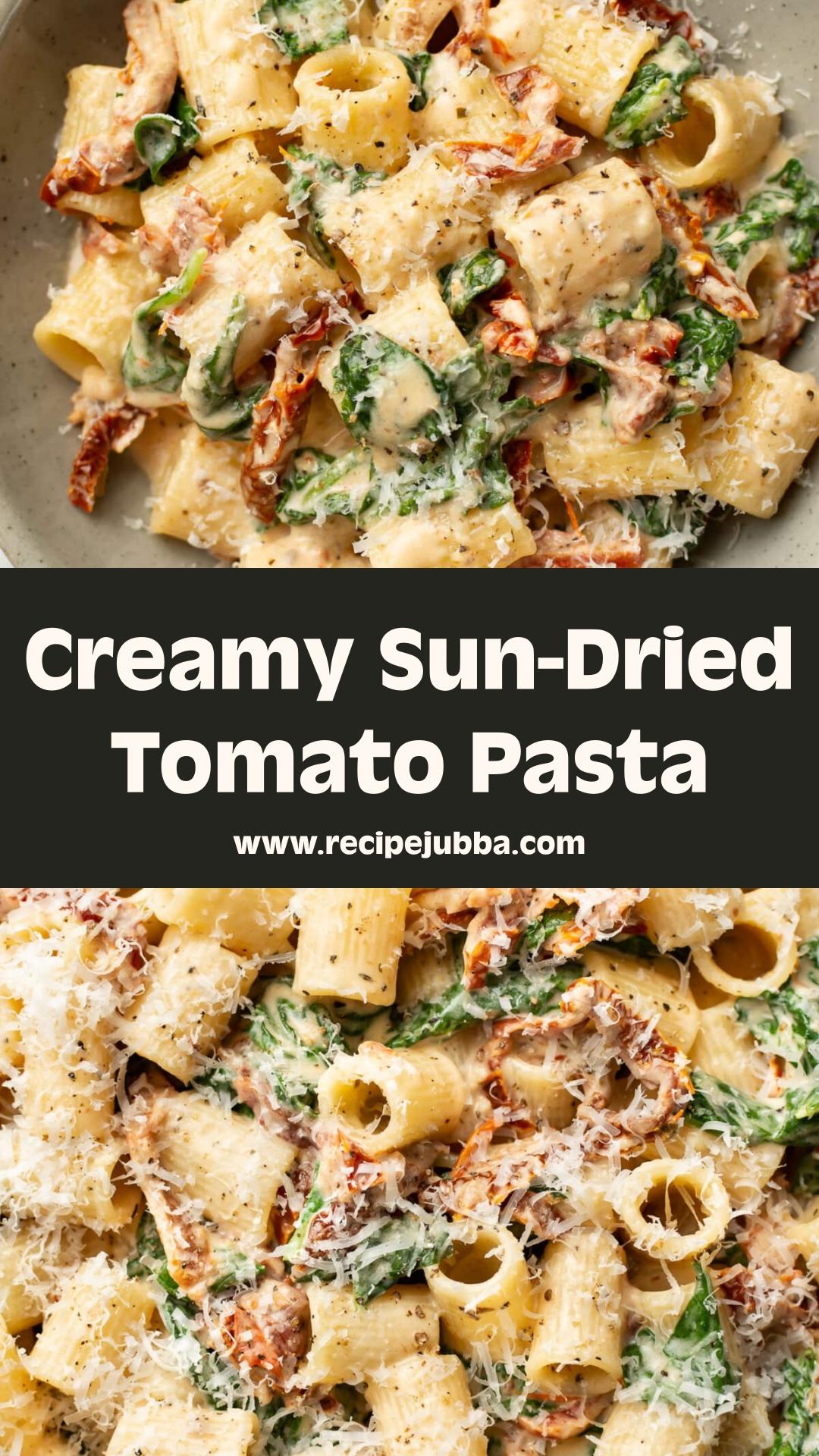 Sun-Dried Tomato Pasta with Creamy White Wine Sauce and Spinach — pin 2