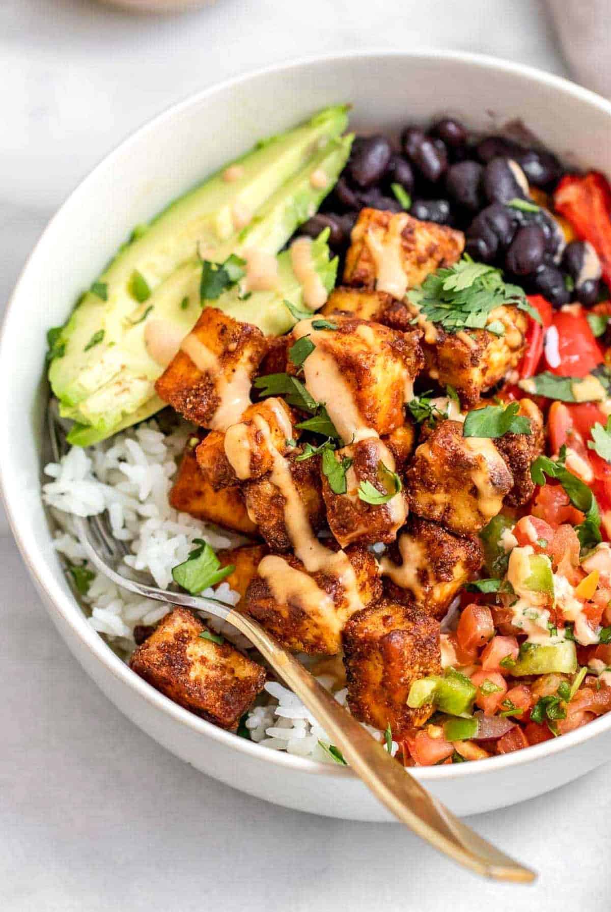 Baked Tofu Burrito Bowl with Roasted Peppers