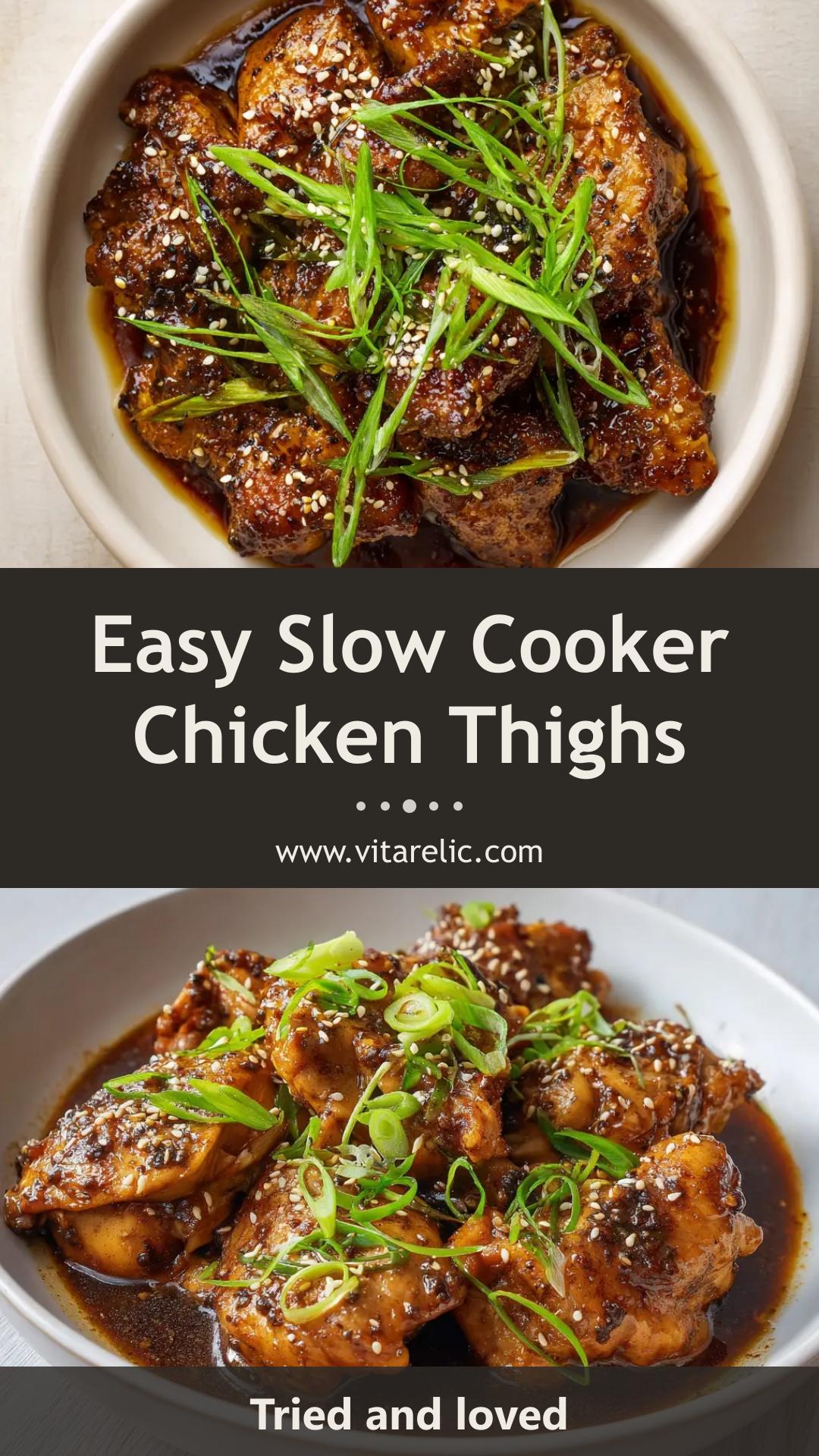 Slow Cooker Chicken Thighs with Glossy Dark Amber Glaze — pin 1