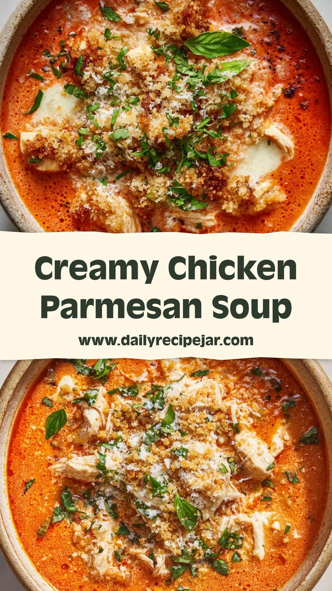 Creamy Chicken Parmesan Soup with Mozzarella and Toasted Panko — pin 1