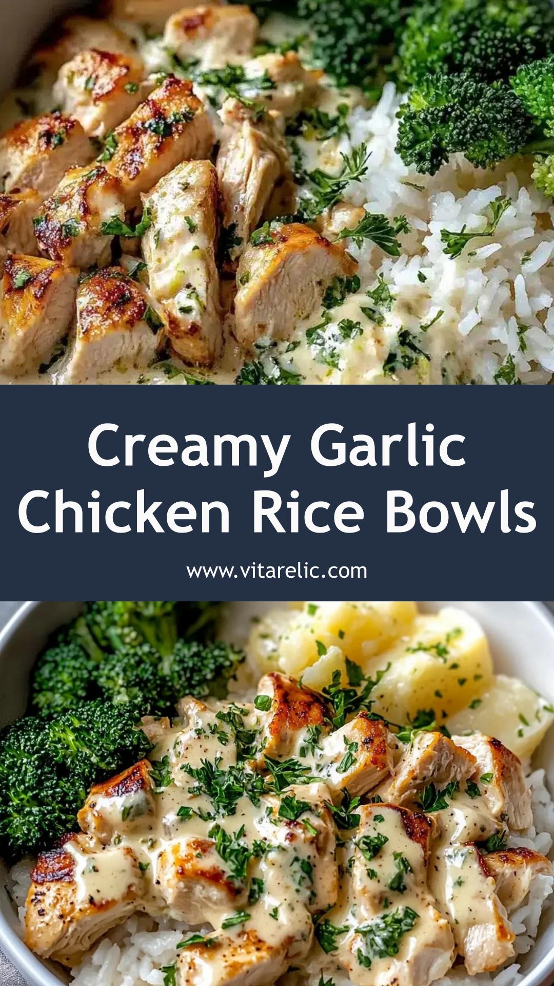 Creamy Garlic Chicken Rice Bowls with Parmesan Sauce and Broccoli — pin 1