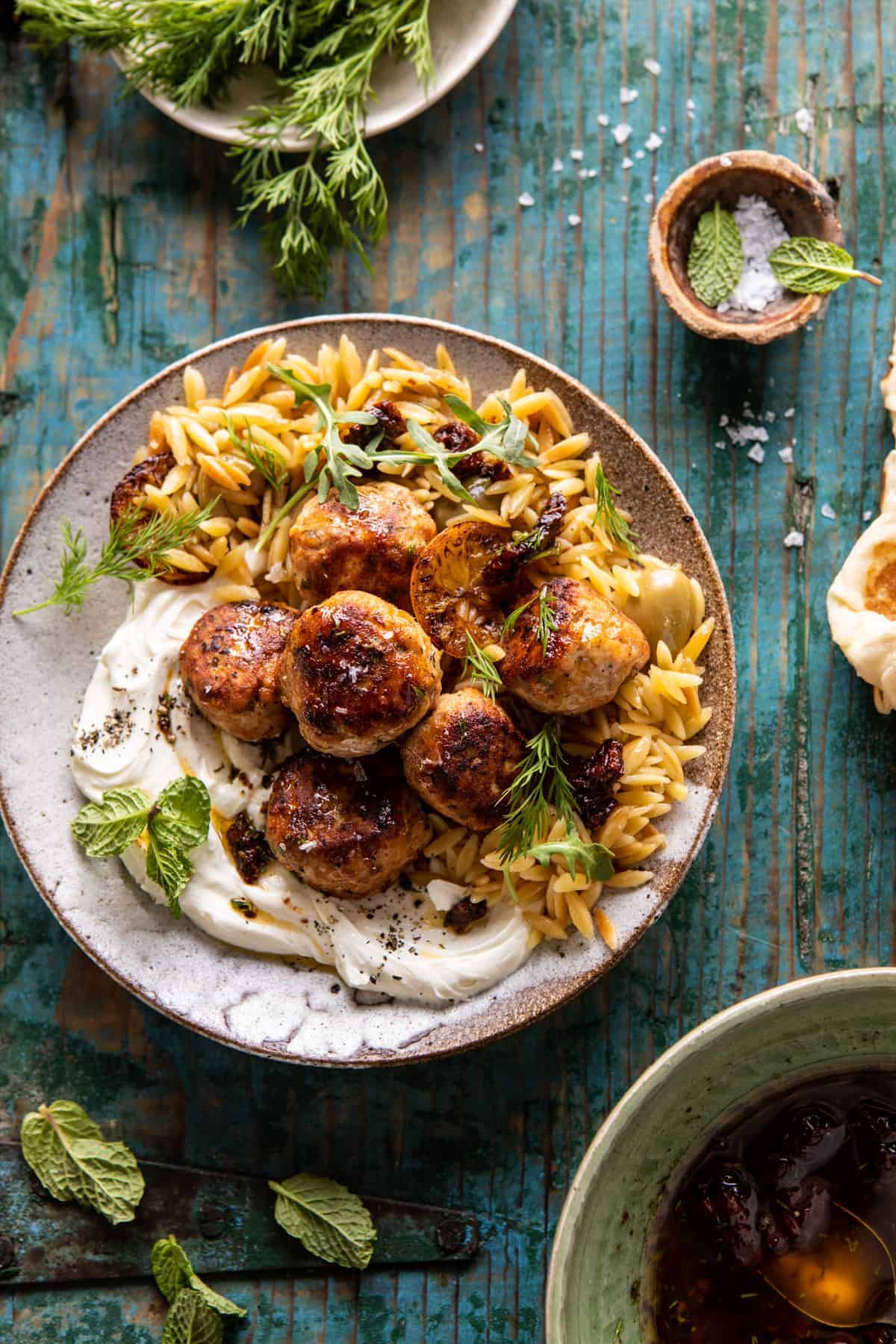 One Skillet Greek Chicken Meatballs with Lemon Butter Orzo