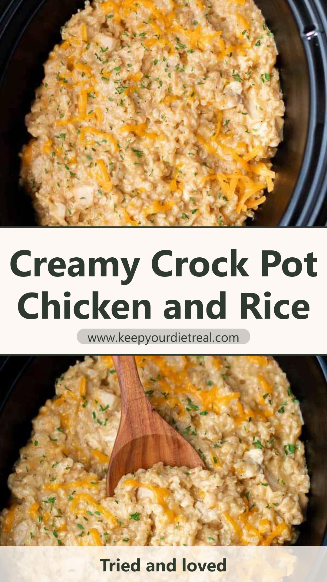 Crock Pot Chicken and Rice: Creamy Cheesy Brown Rice Dinner — pin 2