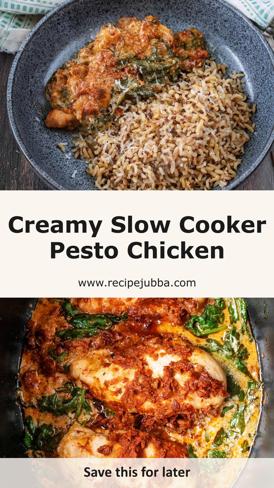 Slow Cooker Pesto Chicken with Sun-Dried Tomatoes and Creamy Parmesan — pin 3