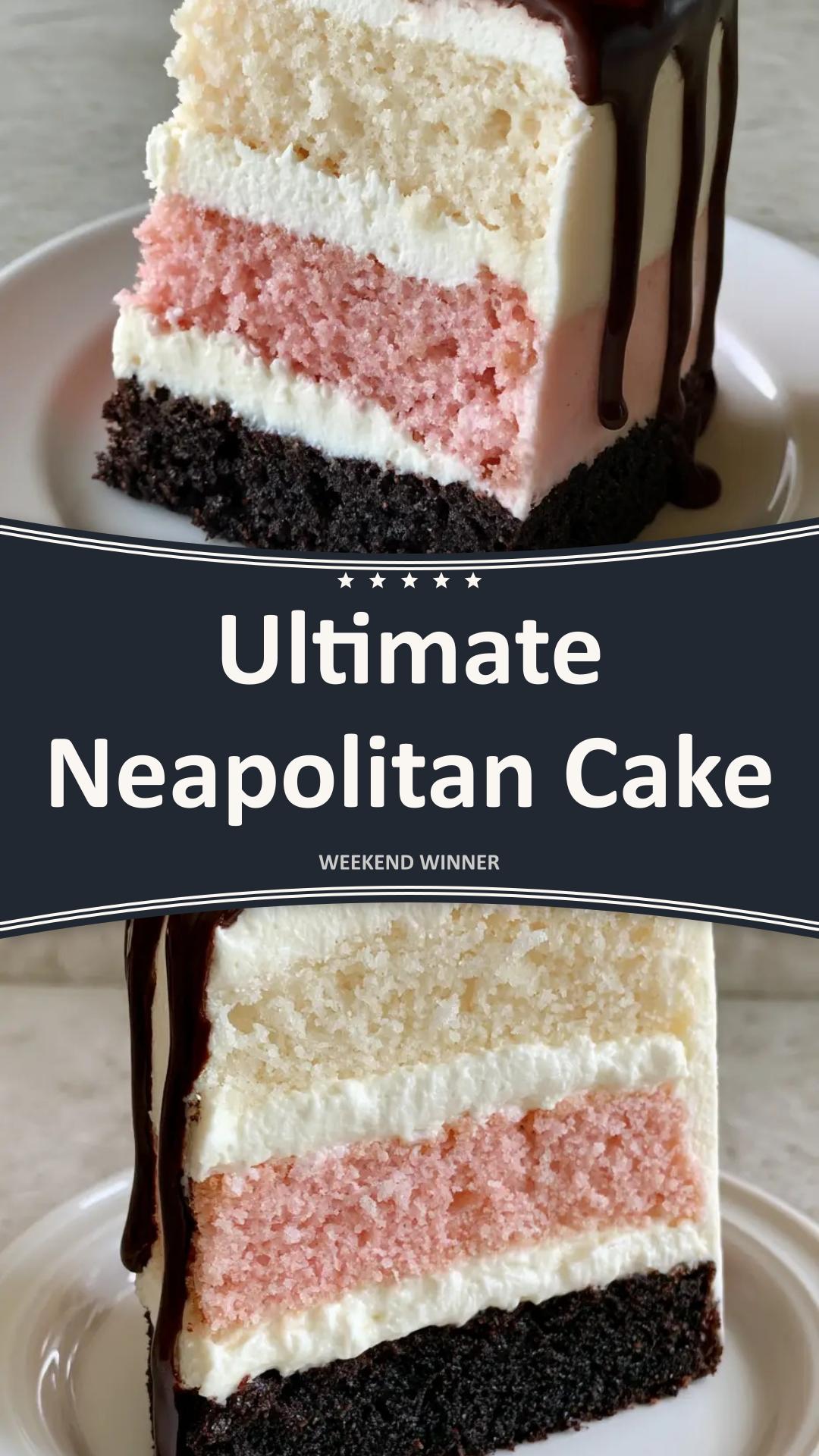 Neapolitan Cake with Chocolate Drip and Strawberry Center — pin 1