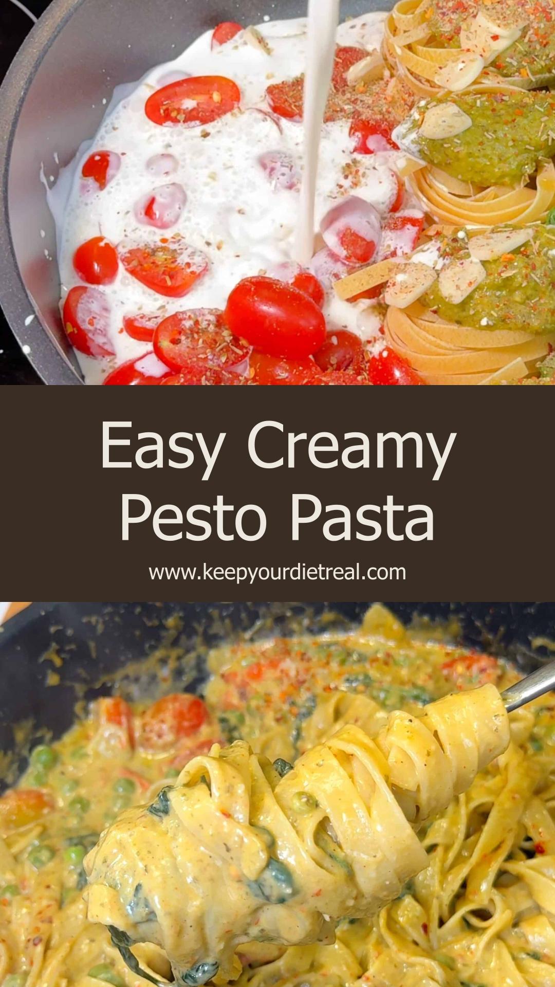 One-Pot Creamy Pesto Pasta with Tagliatelle and Cherry Tomatoes — pin 3