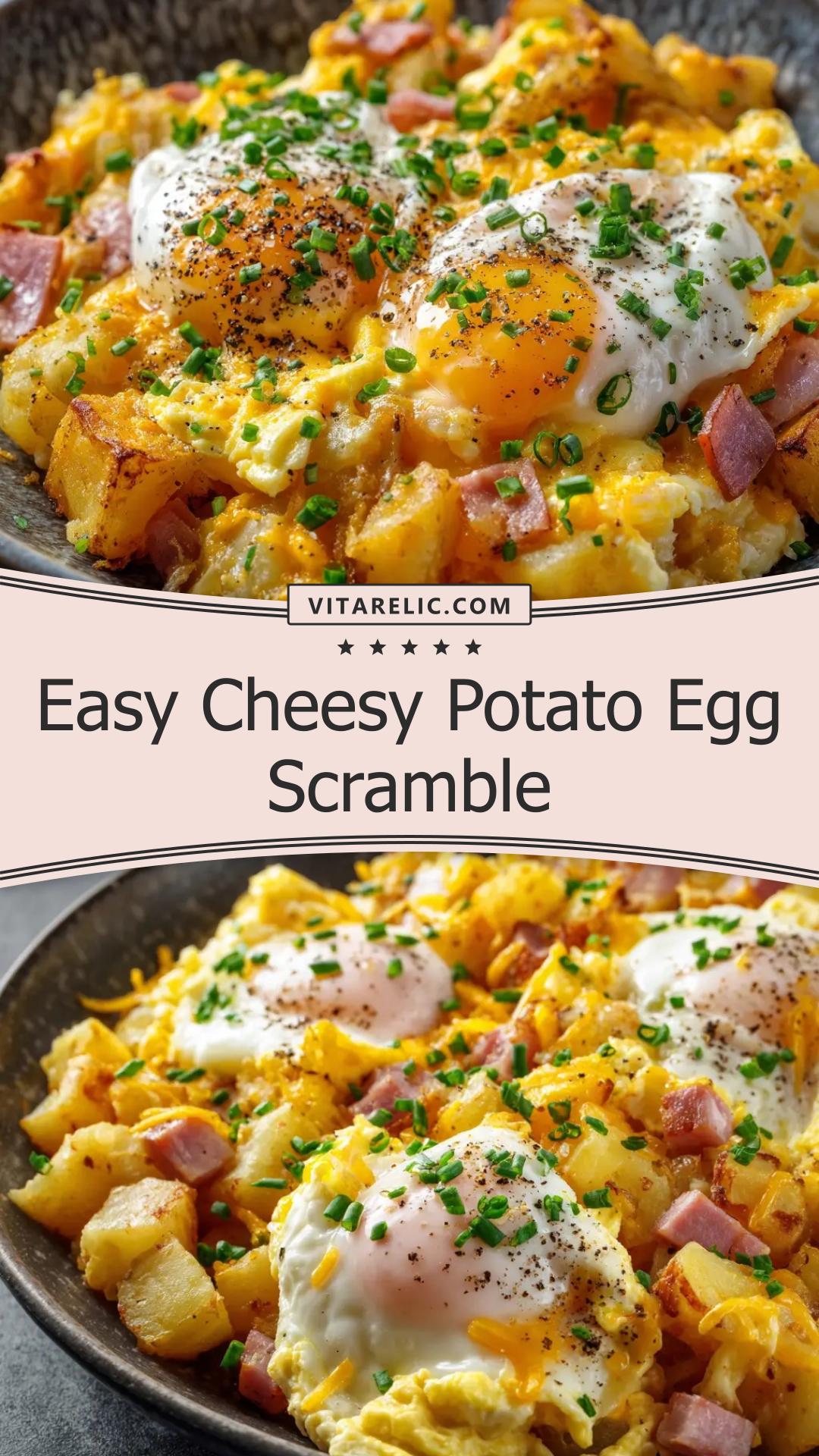 Cheesy Potato Egg Scramble with Sharp Cheddar and Chives — pin 1