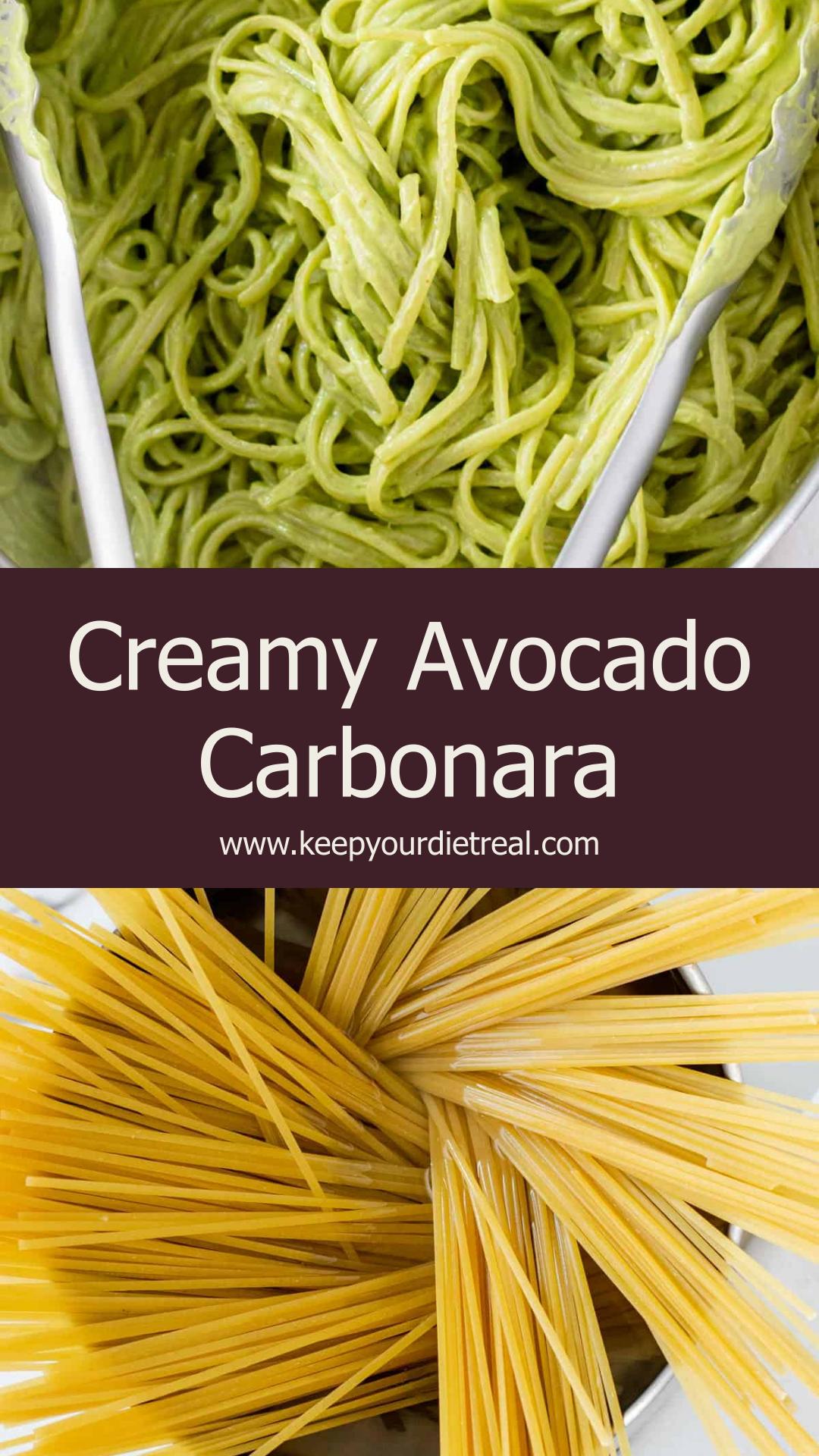 Avocado Carbonara with Creamy Kale Sauce, Bacon, and Parmesan — pin 1