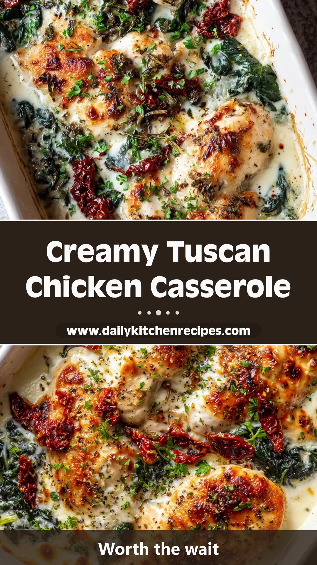 Baked Tuscan Chicken Casserole with Creamy Garlic Sauce and Spinach — pin 2