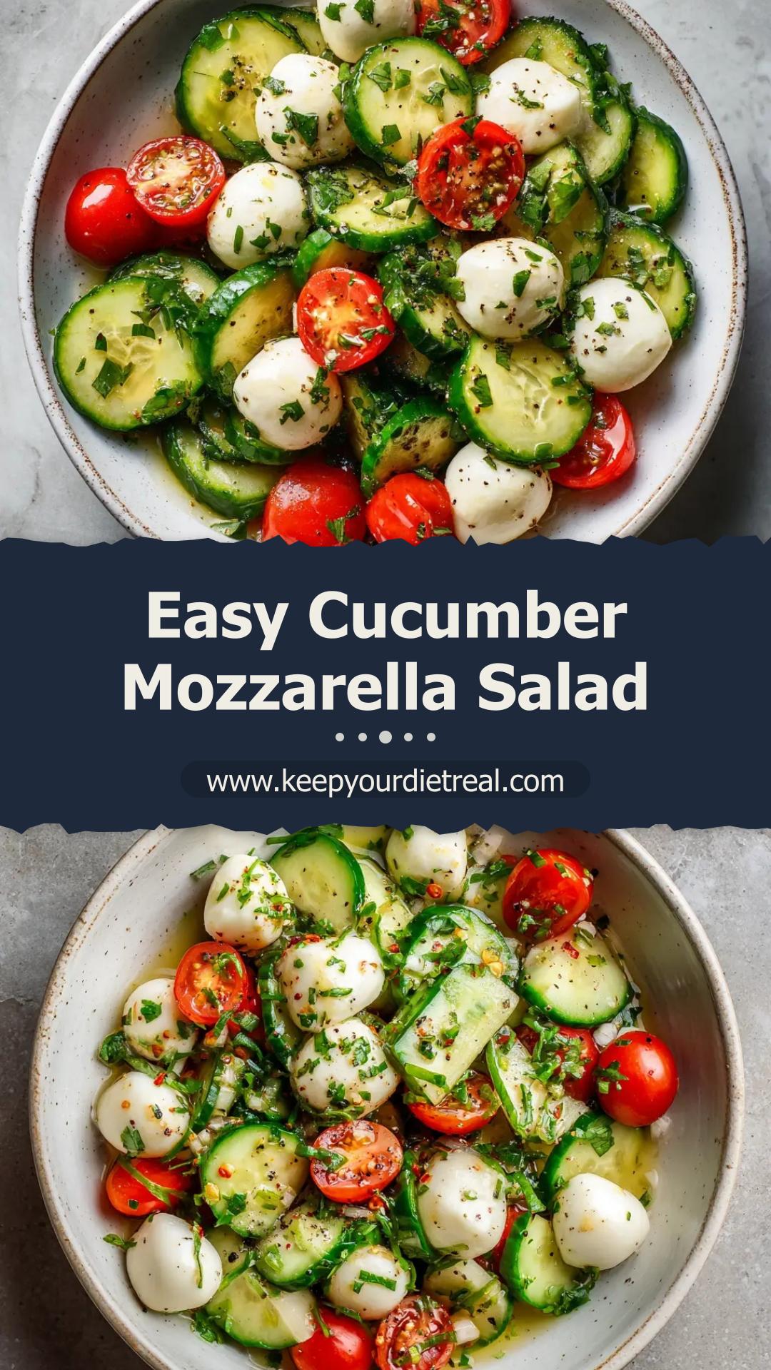 Cucumber Mozzarella Salad with Cherry Tomatoes and Clear Vinaigrette — pin 1