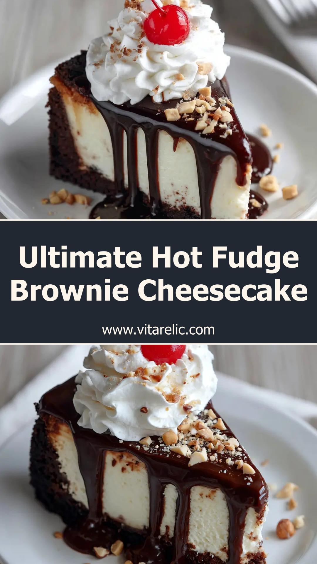 Hot Fudge Sundae Brownie Cheesecake with Roasted Peanuts — pin 1