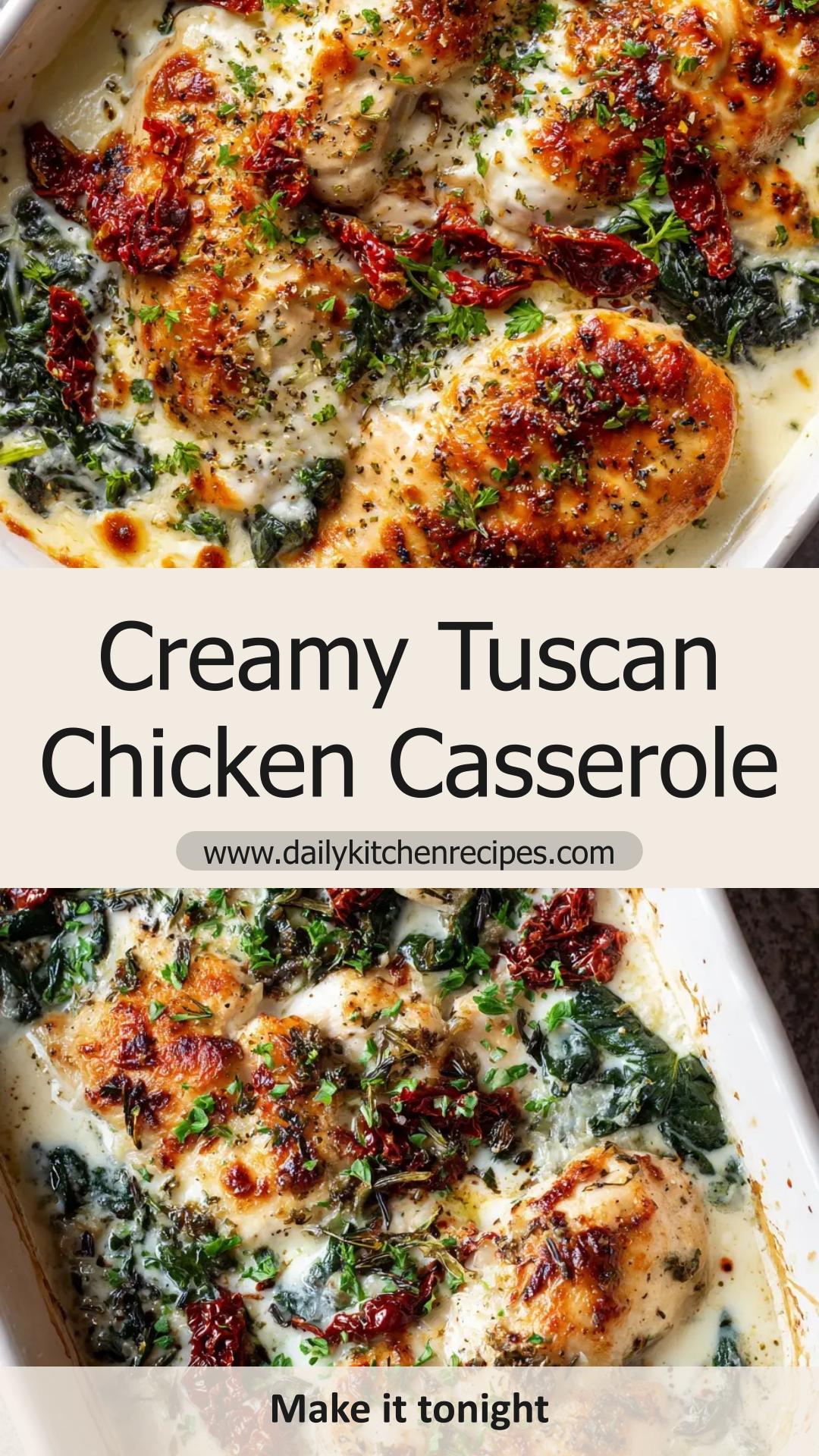 Baked Tuscan Chicken Casserole with Creamy Garlic Sauce and Spinach — pin 1