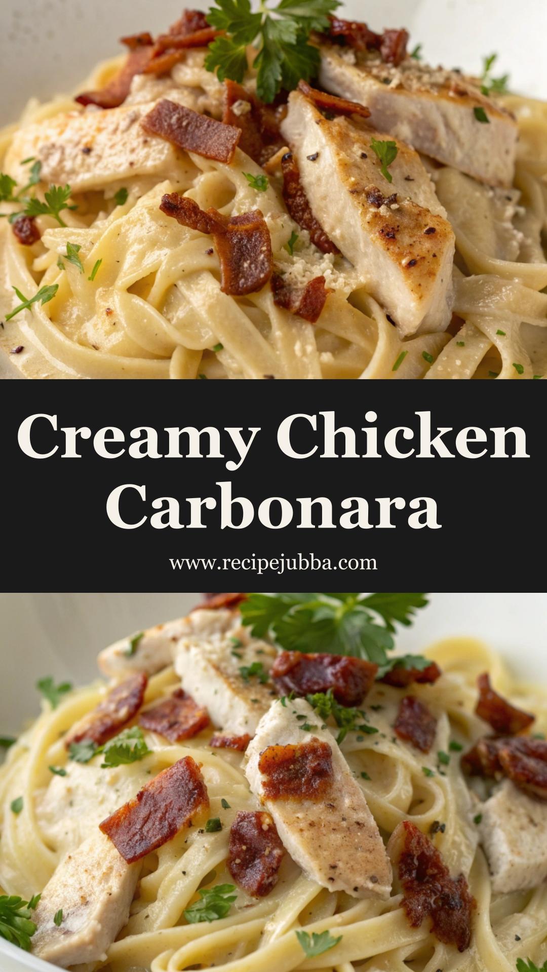 Chicken Carbonara with Crispy Turkey Bacon and Silky Parmesan Sauce — pin 1