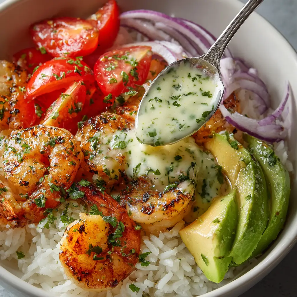 Shrimp and Avocado Rice Bowl with Cilantro-Lime Dressing