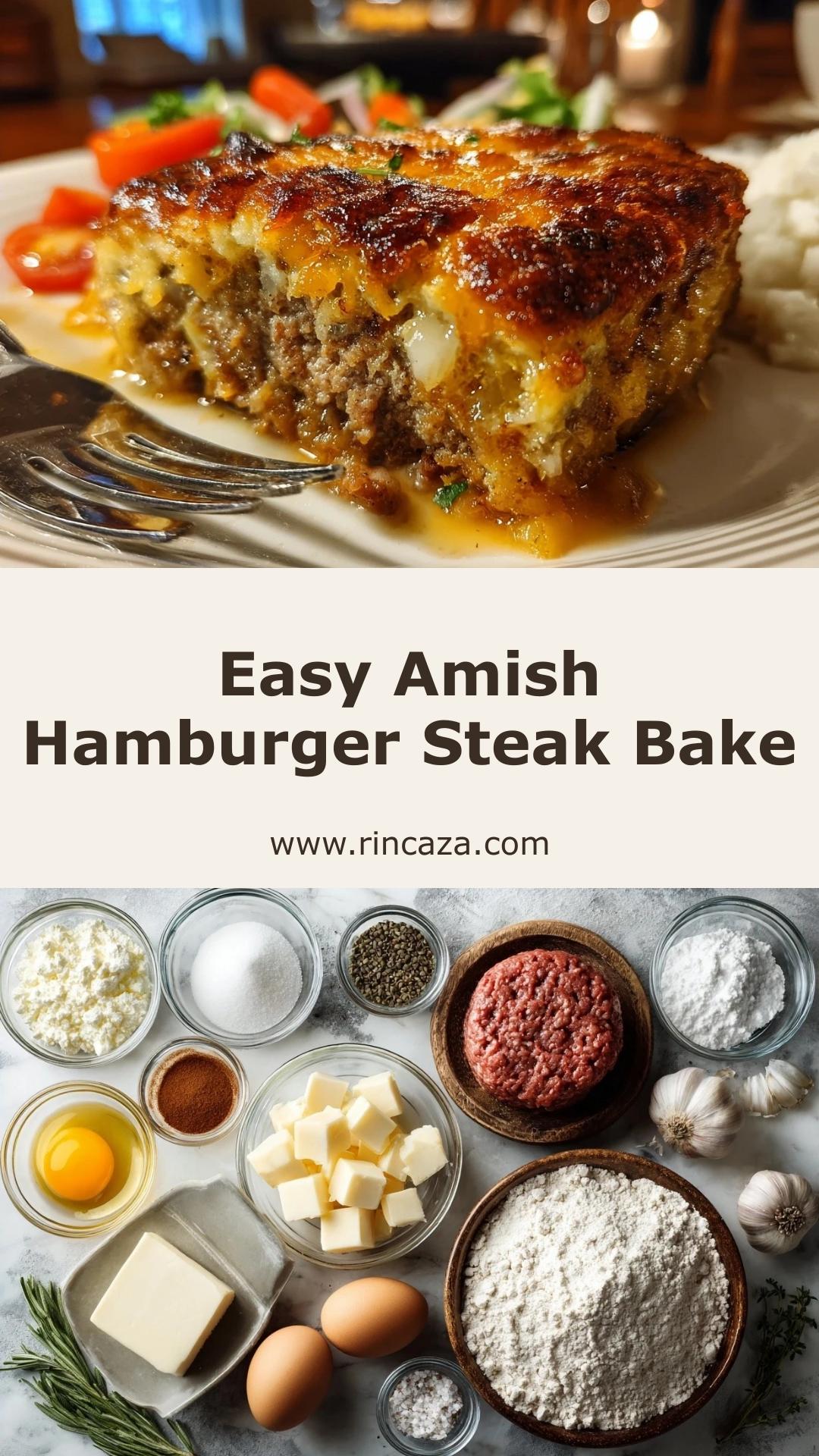 Amish Hamburger Steak Bake with Creamy Beef Broth Sauce — pin 1
