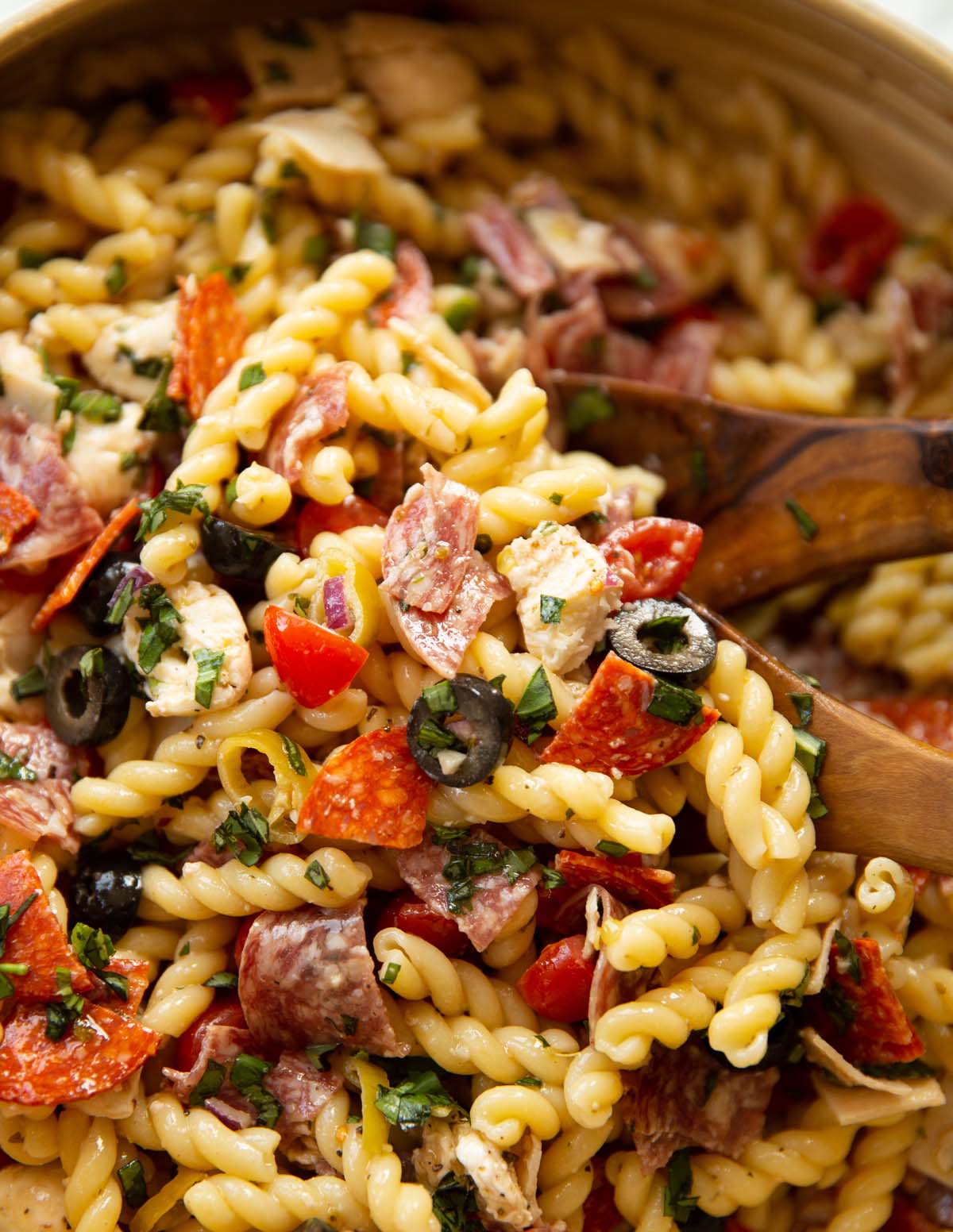Italian Sub Pasta Salad with Pepperoni, Salami, and Mozzarella