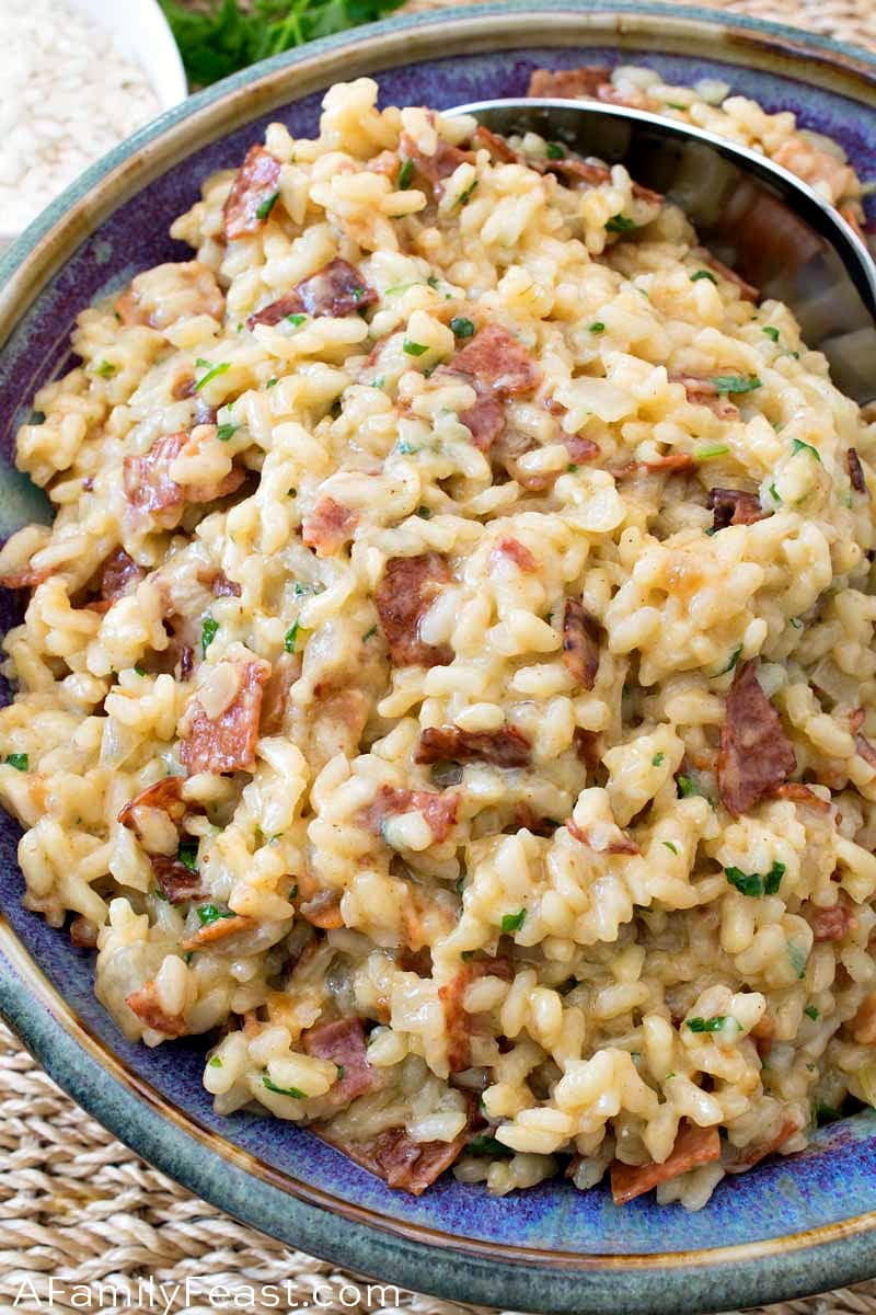 Risotto Carbonara with Smoky Bacon, Genoa Salami, and Creamy Arborio Rice