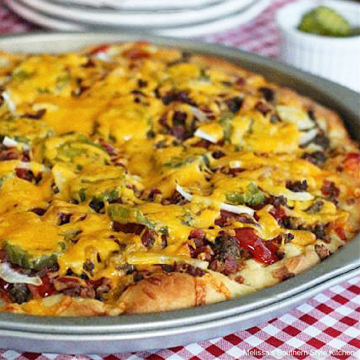 Bacon Cheeseburger Pizza with Cheddar and Pickles
