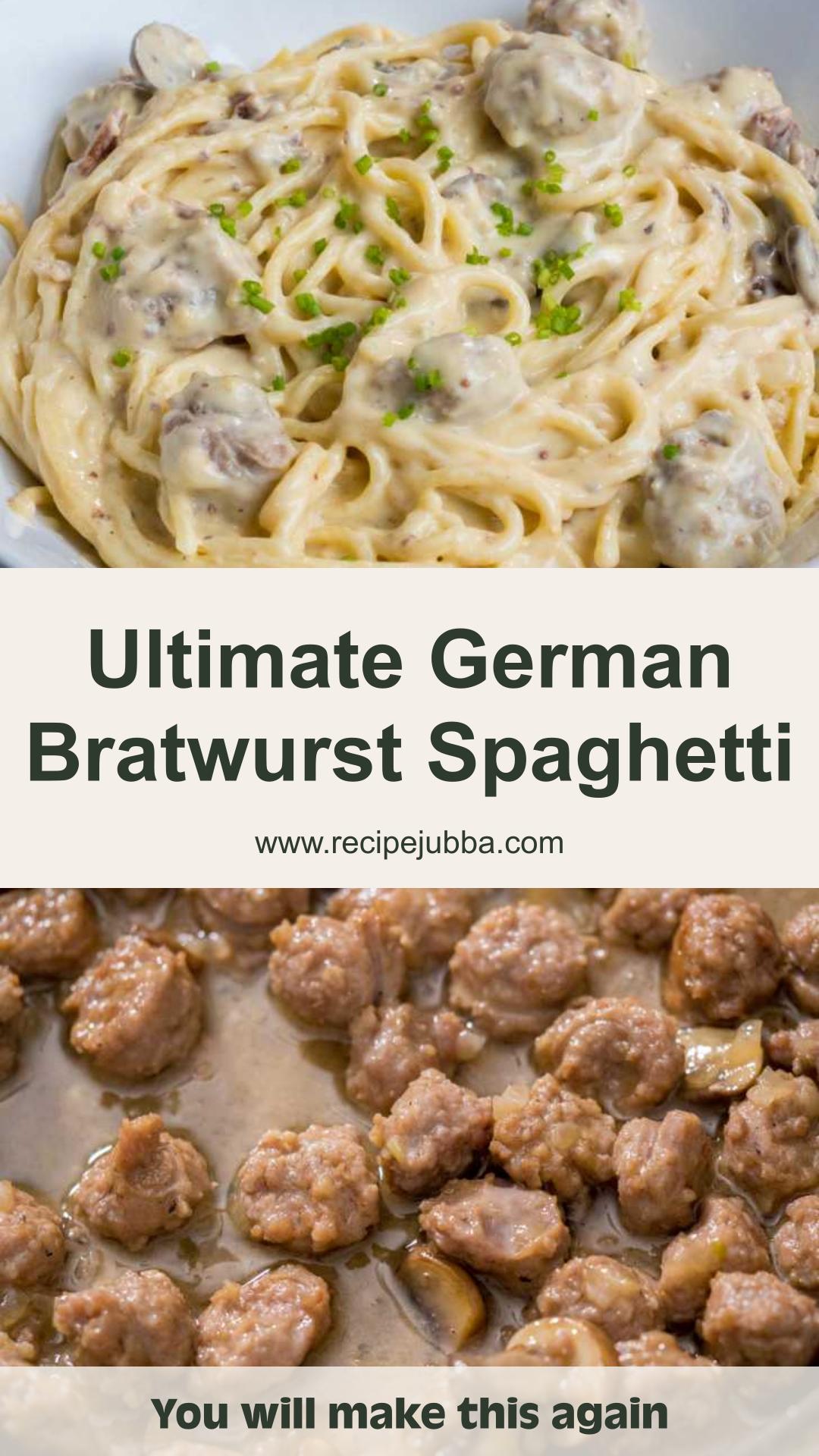 German Spaghetti with Bratwurst, Bacon, and Creamy Cheddar Sauce — pin 2
