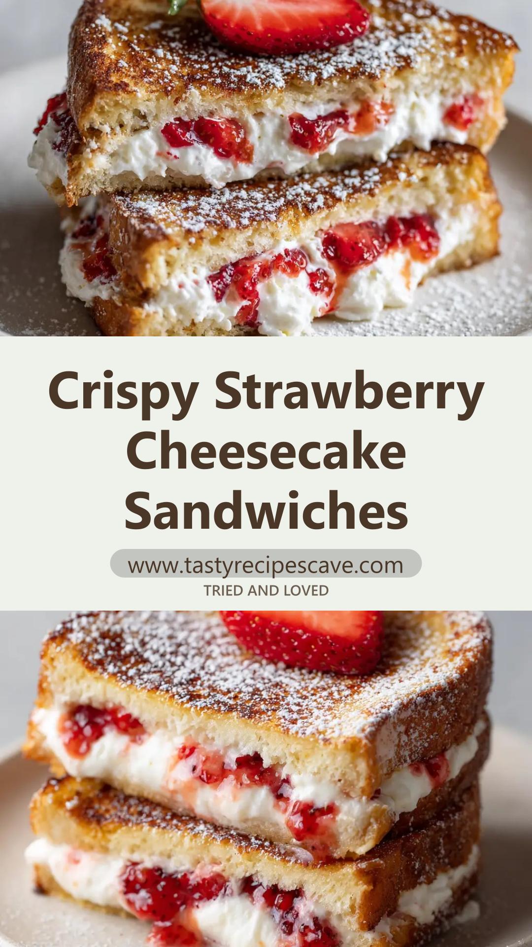 Fried Strawberry Cheesecake Sandwiches with Glossy Strawberries — pin 2