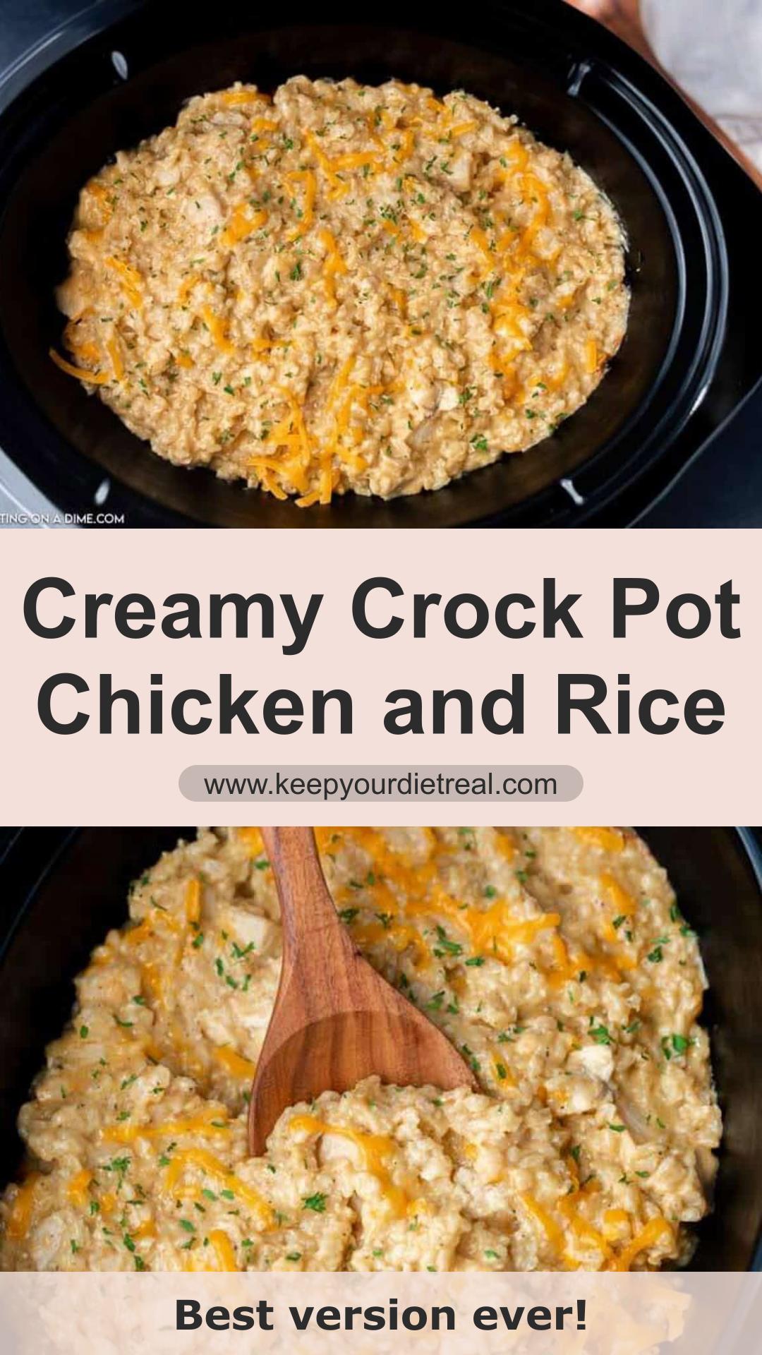Crock Pot Chicken and Rice: Creamy Cheesy Brown Rice Dinner — pin 3