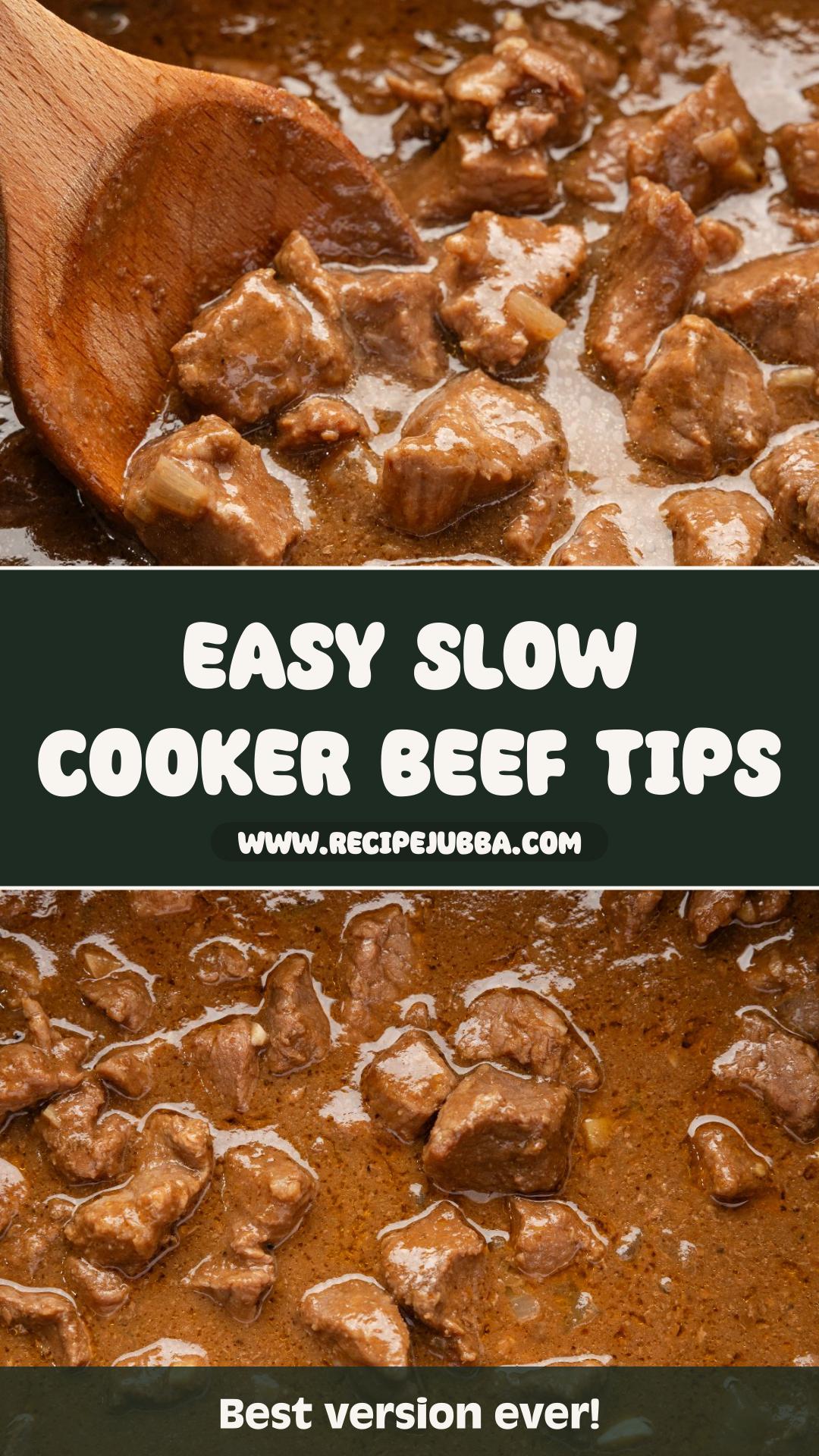 Slow Cooker Beef Tips and Gravy with Tender Beef and Savory Brown Gravy — pin 1