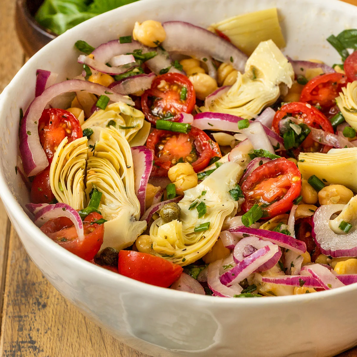 Tuscan Artichoke Tomato Salad With Chickpeas and Simple Vinaigrette