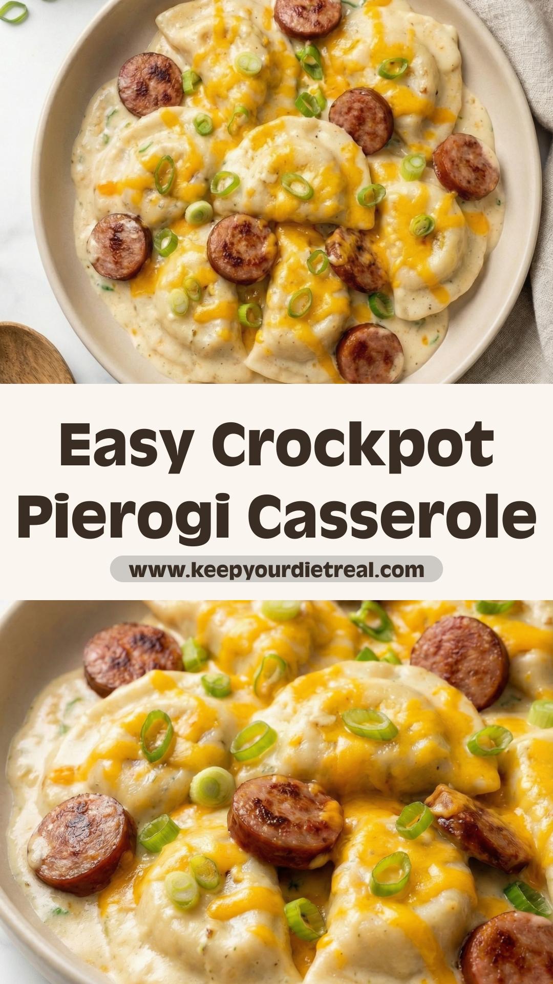 Crockpot Pierogi Casserole with Kielbasa and Creamy Cheddar — pin 1