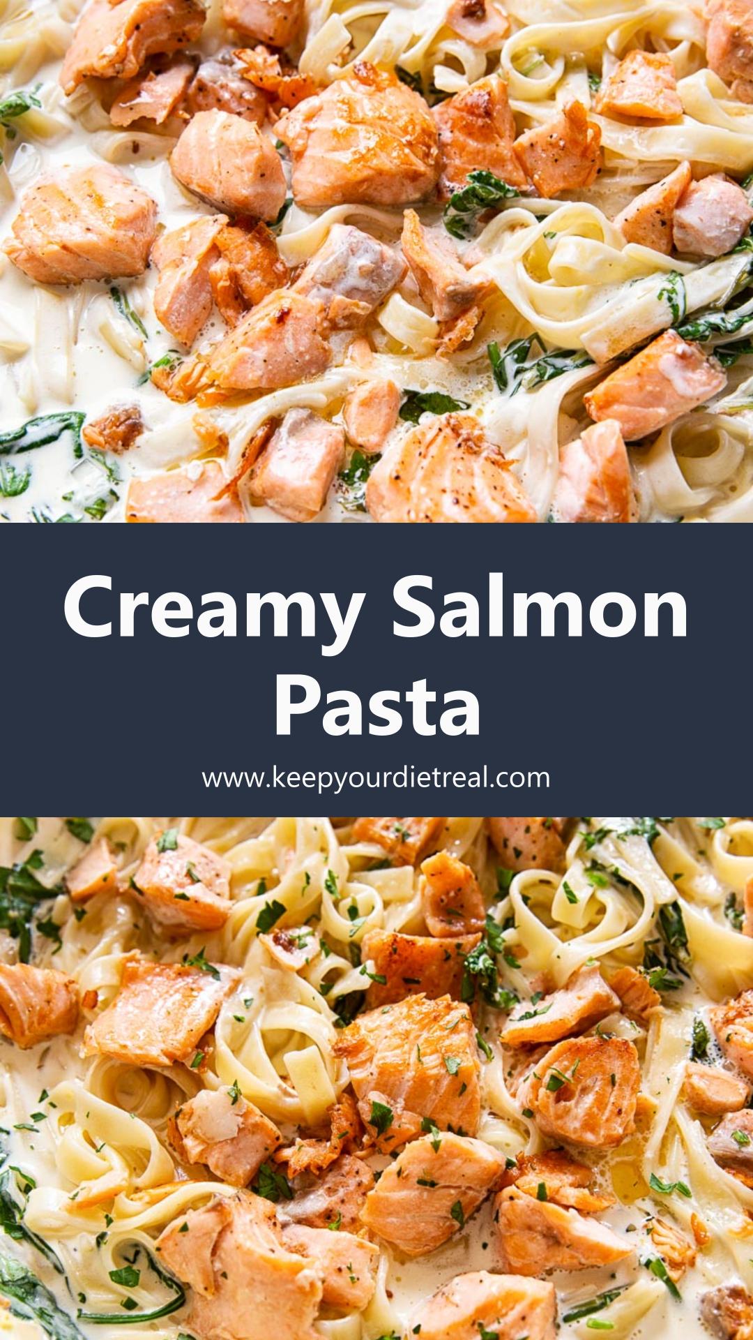 Creamy Salmon Pasta with Mixed Greens and White Wine Cream Sauce — pin 2