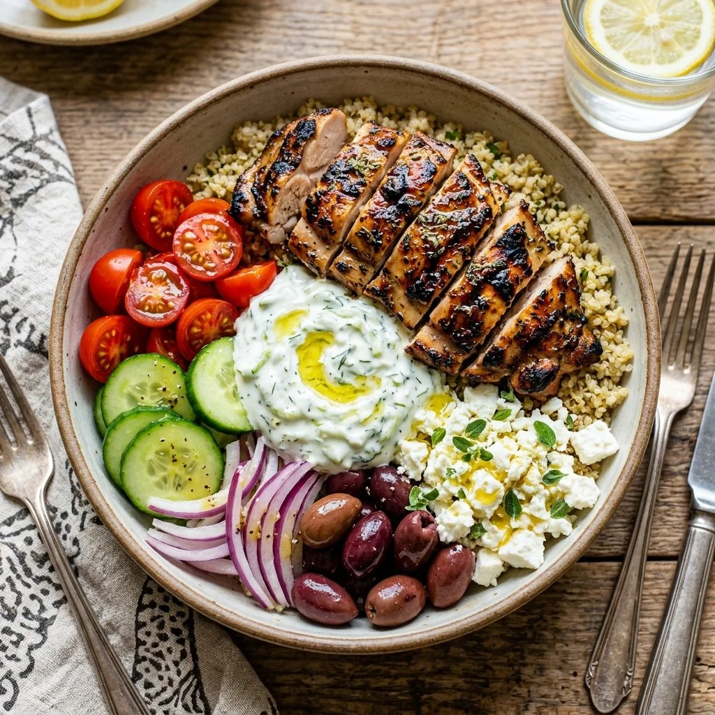 Greek Chicken Bowls with Crunchy Cucumber and Creamy Feta
