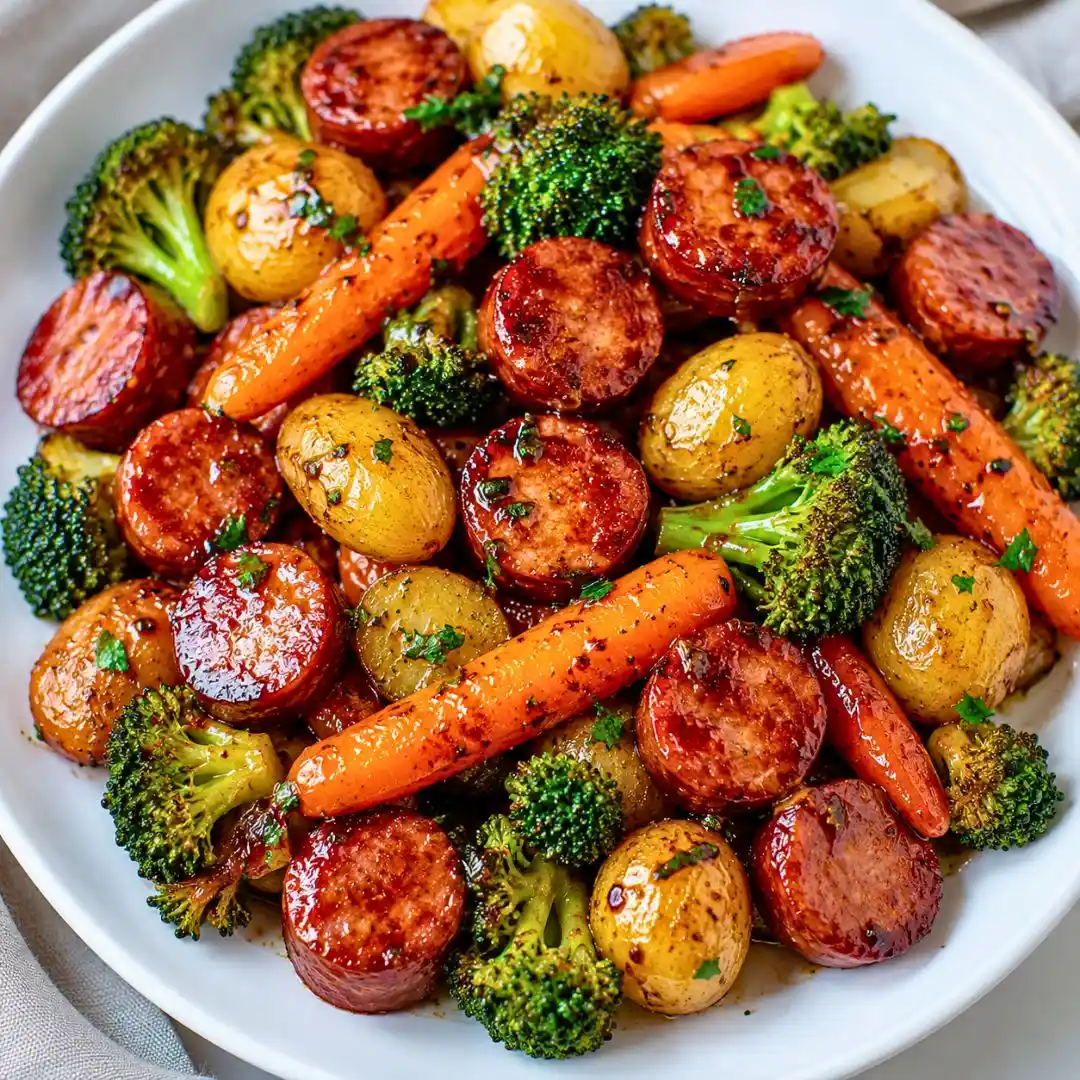 One-Pan Honey Garlic Kielbasa and Veggies with Roasted Potatoes