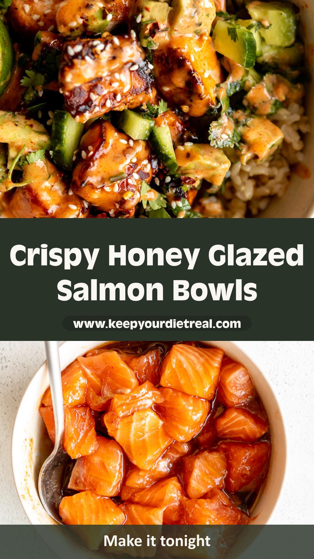 Honey Glazed Salmon Bowls with Crisp Salmon and Paprika Mayo — pin 1