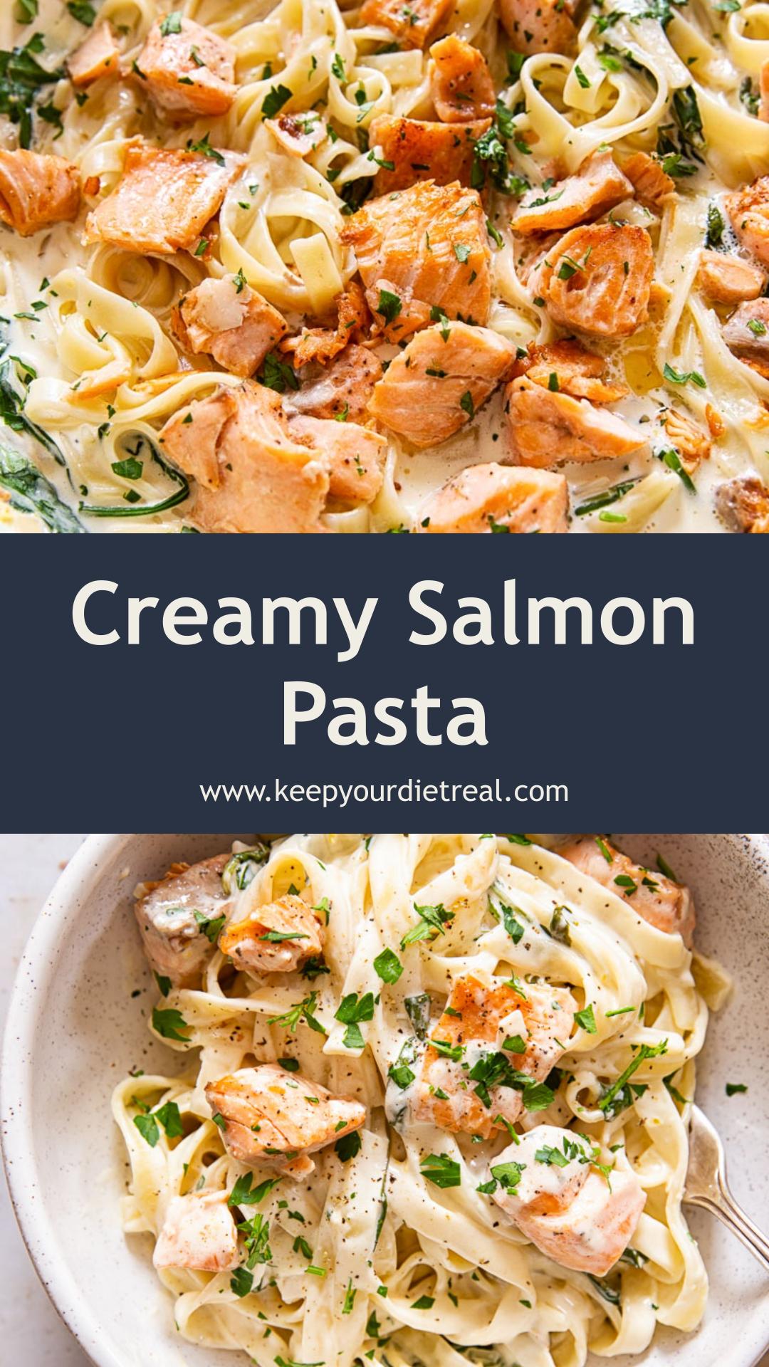 Creamy Salmon Pasta with Mixed Greens and White Wine Cream Sauce — pin 3