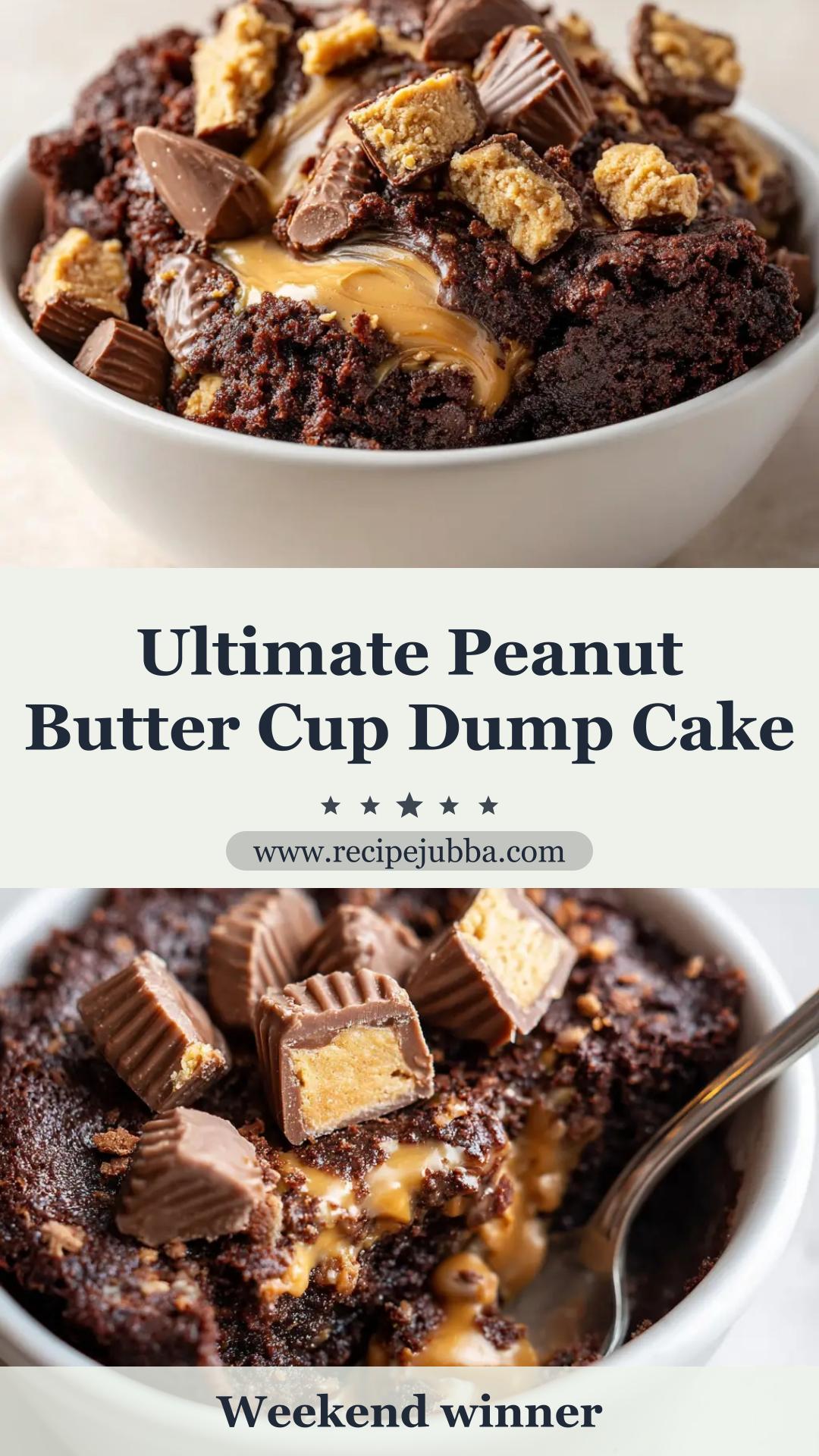 Fudgy Peanut Butter Cup Dump Cake with Dark Chocolate Swirls — pin 1
