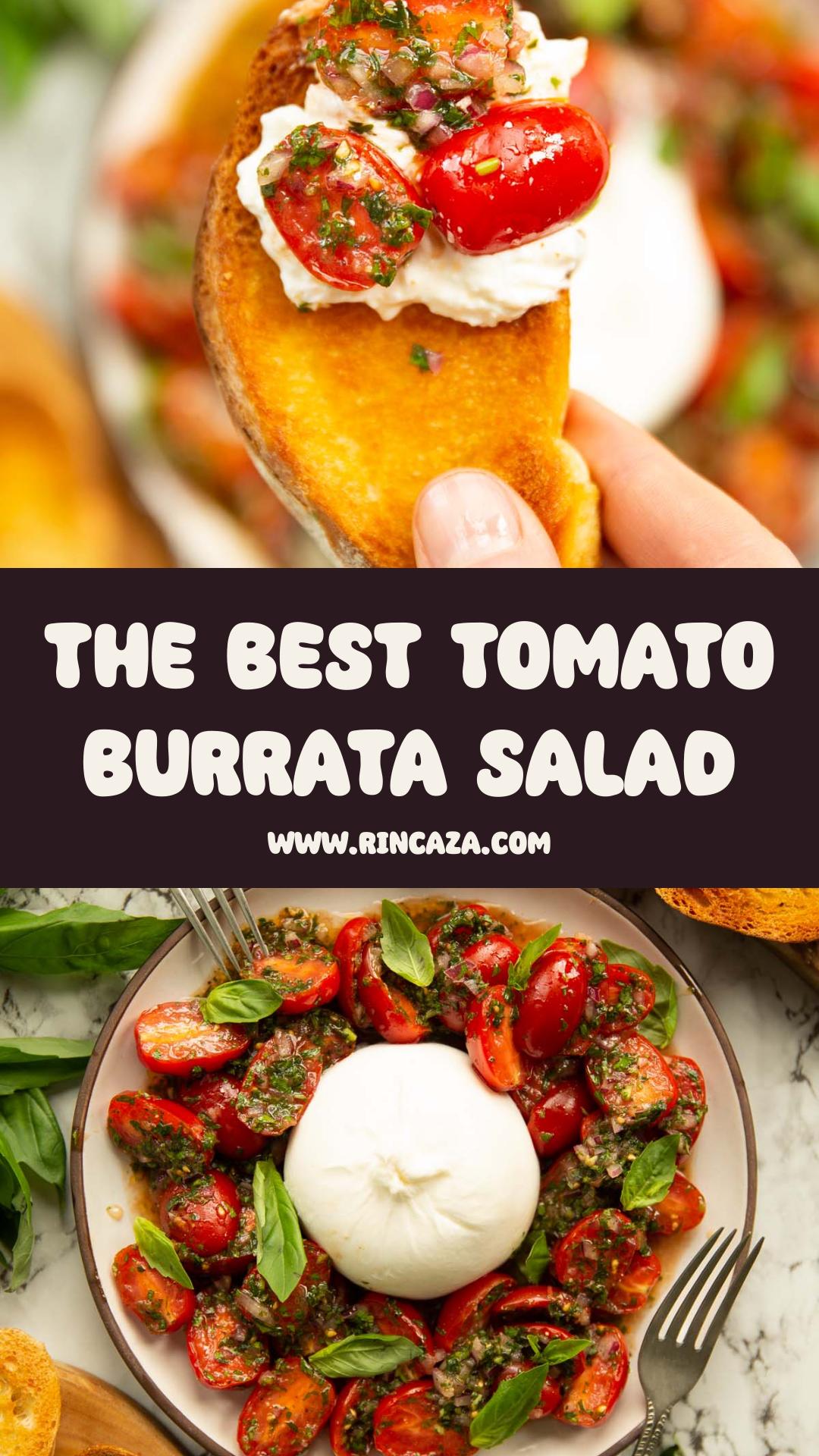 Tomato Burrata Salad With Marinated Tomatoes and Crisp Garlic Toast — pin 1