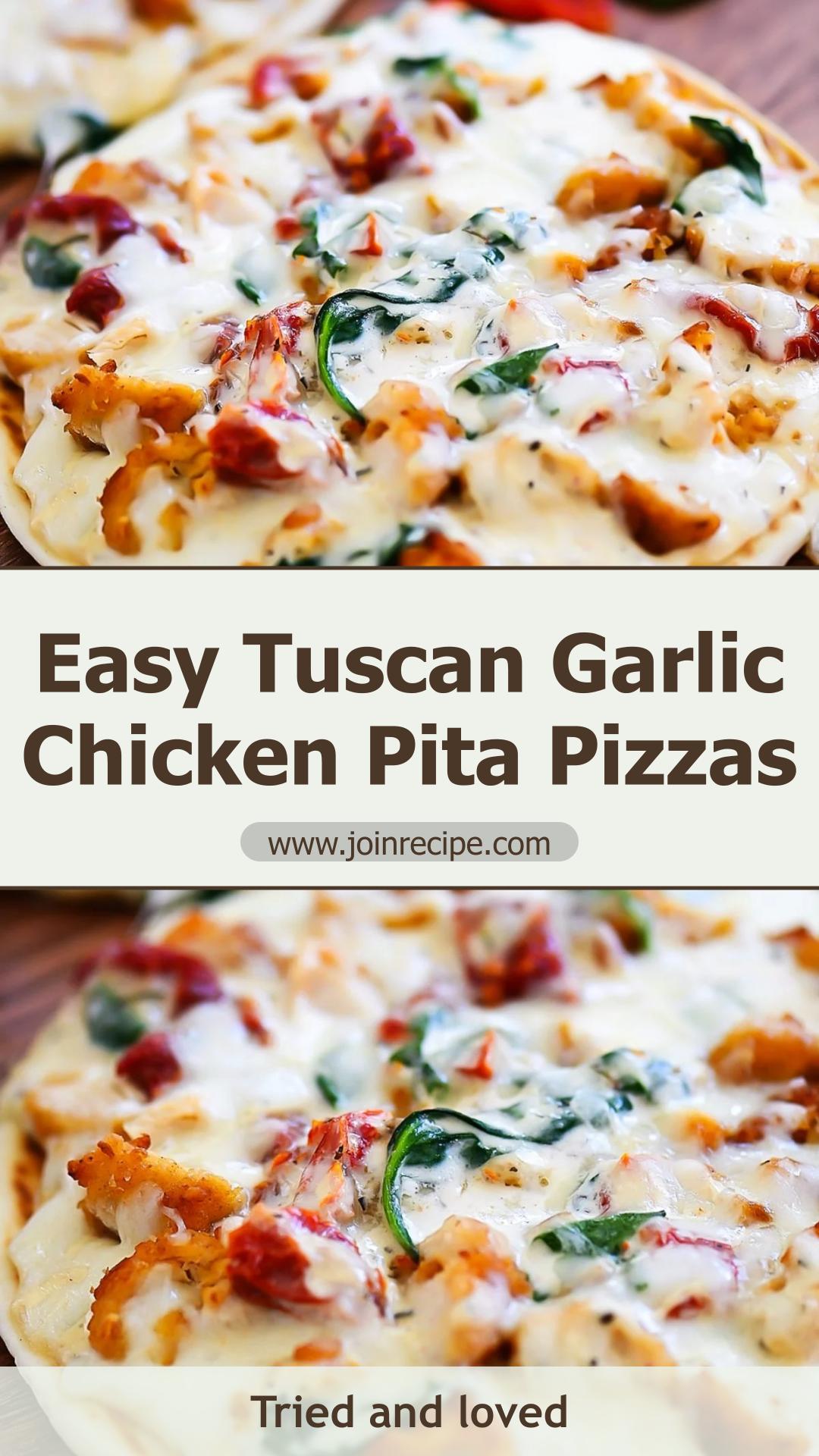 Tuscan Garlic Chicken Pita Pizzas with Creamy Alfredo and Sun-Dried Tomatoes — pin 1